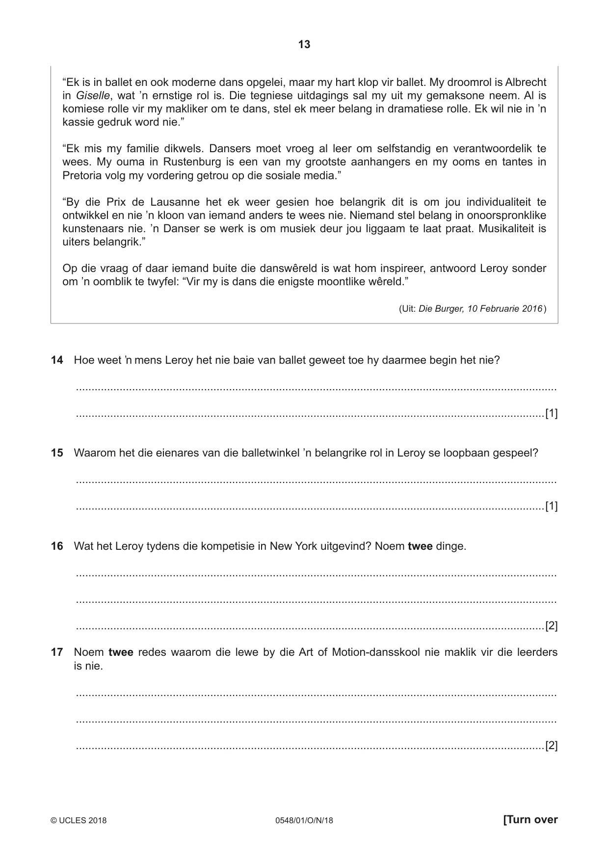 Cambridge IGCSE Afrikaans - Second Language 0548 2018 Oct/Nov Paper 1 · Variant 0 question paper, page 13 of 20