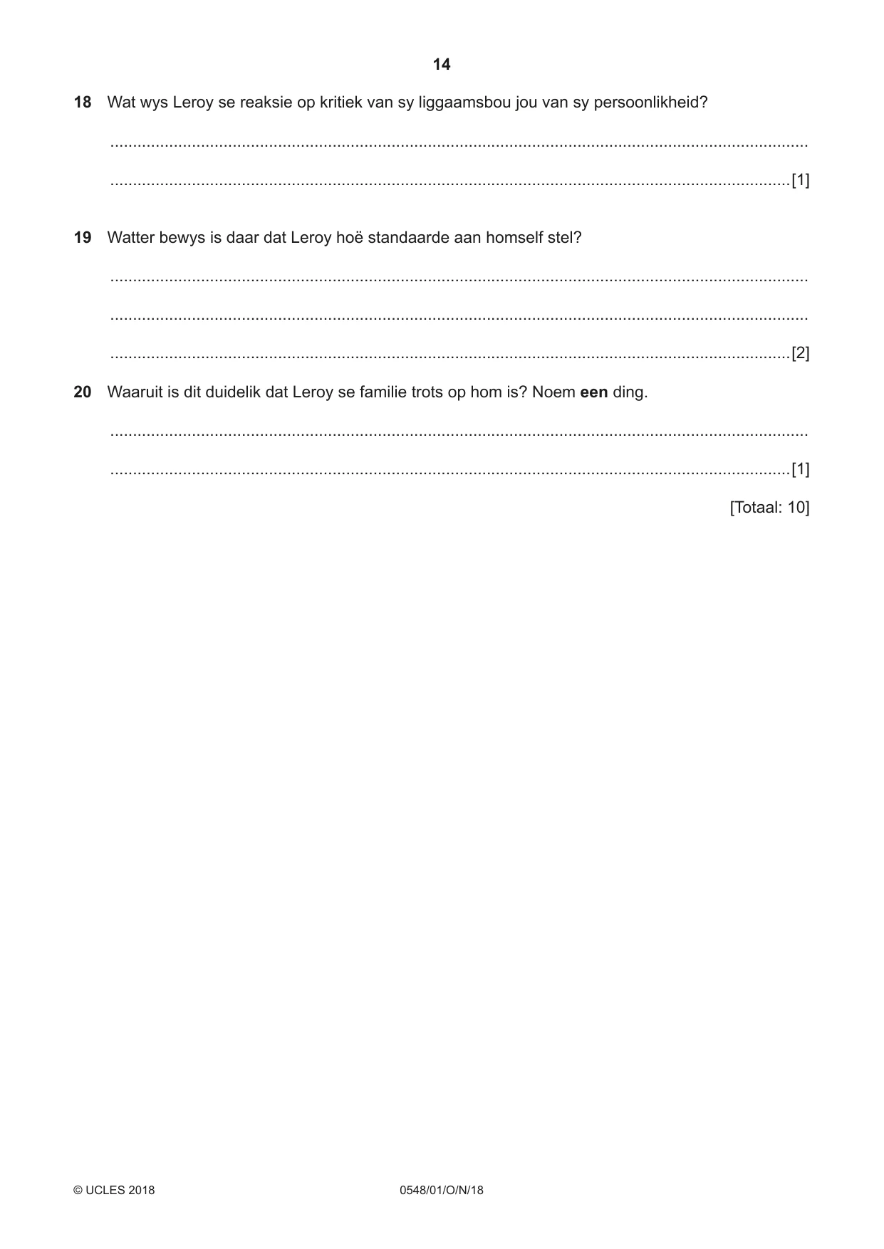 Cambridge IGCSE Afrikaans - Second Language 0548 2018 Oct/Nov Paper 1 · Variant 0 question paper, page 14 of 20