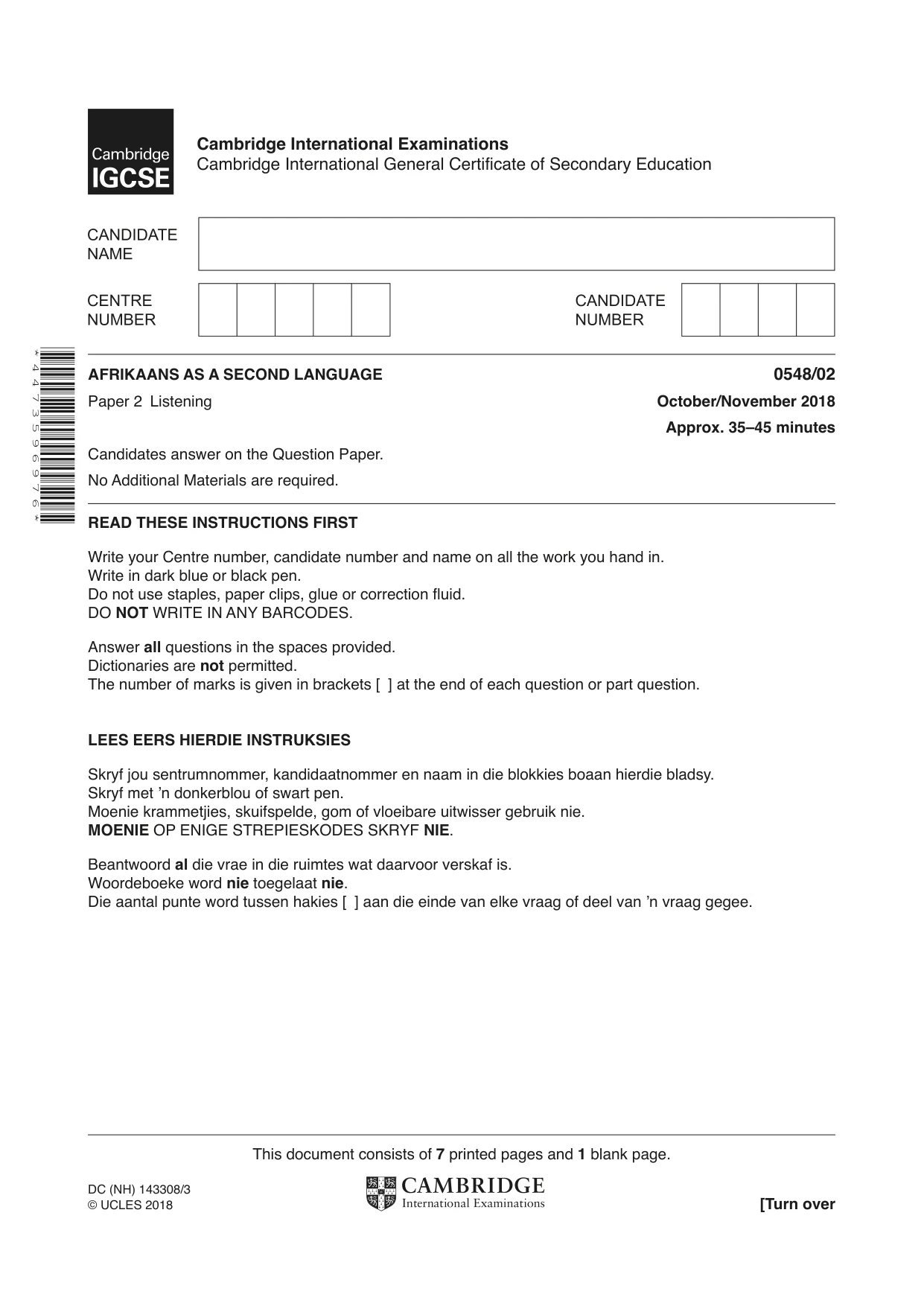 Cambridge IGCSE Afrikaans - Second Language 0548 2018 Oct/Nov Paper 2 · Variant 0 question paper, page 1 of 8