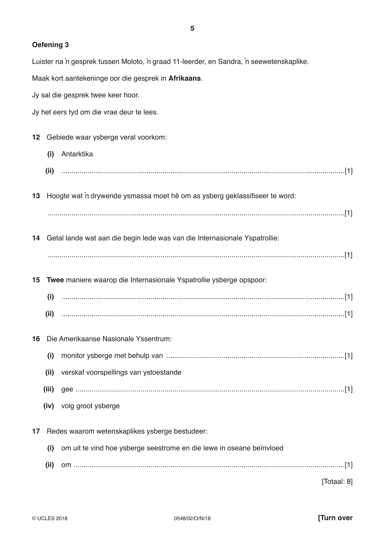 Cambridge IGCSE Afrikaans - Second Language 0548 2018 Oct/Nov Paper 2 · Variant 0 question paper, page 5 of 8
