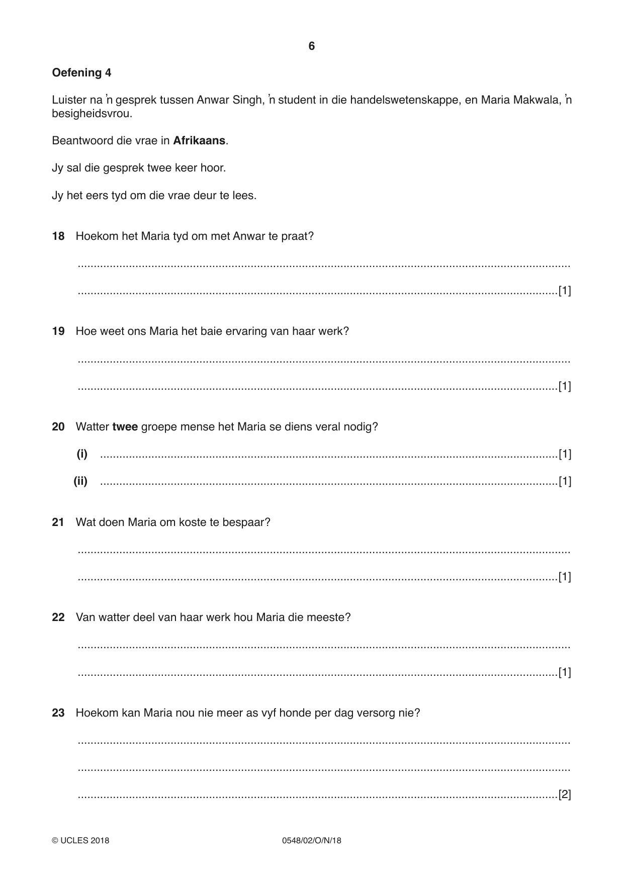 Cambridge IGCSE Afrikaans - Second Language 0548 2018 Oct/Nov Paper 2 · Variant 0 question paper, page 6 of 8