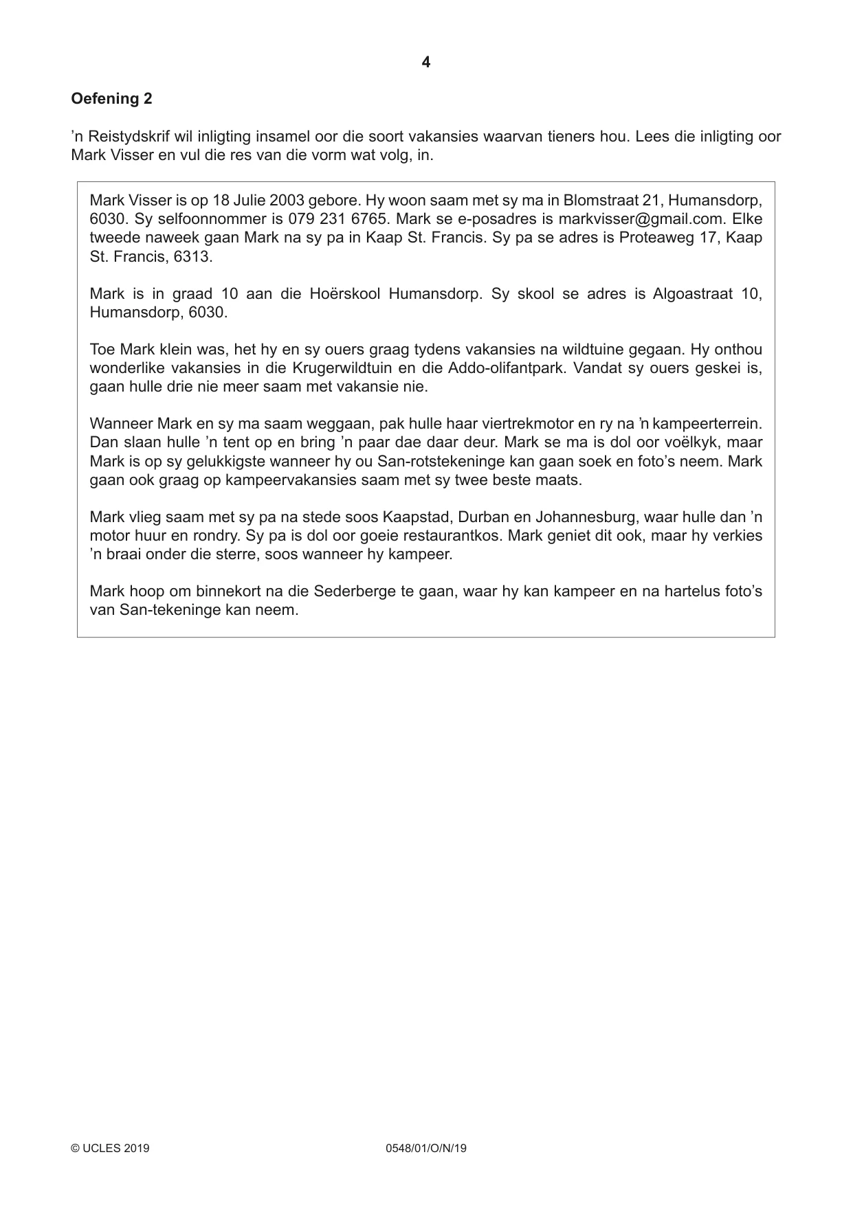 Cambridge IGCSE Afrikaans - Second Language 0548 2019 Oct/Nov Paper 1 · Variant 1 question paper, page 4 of 20