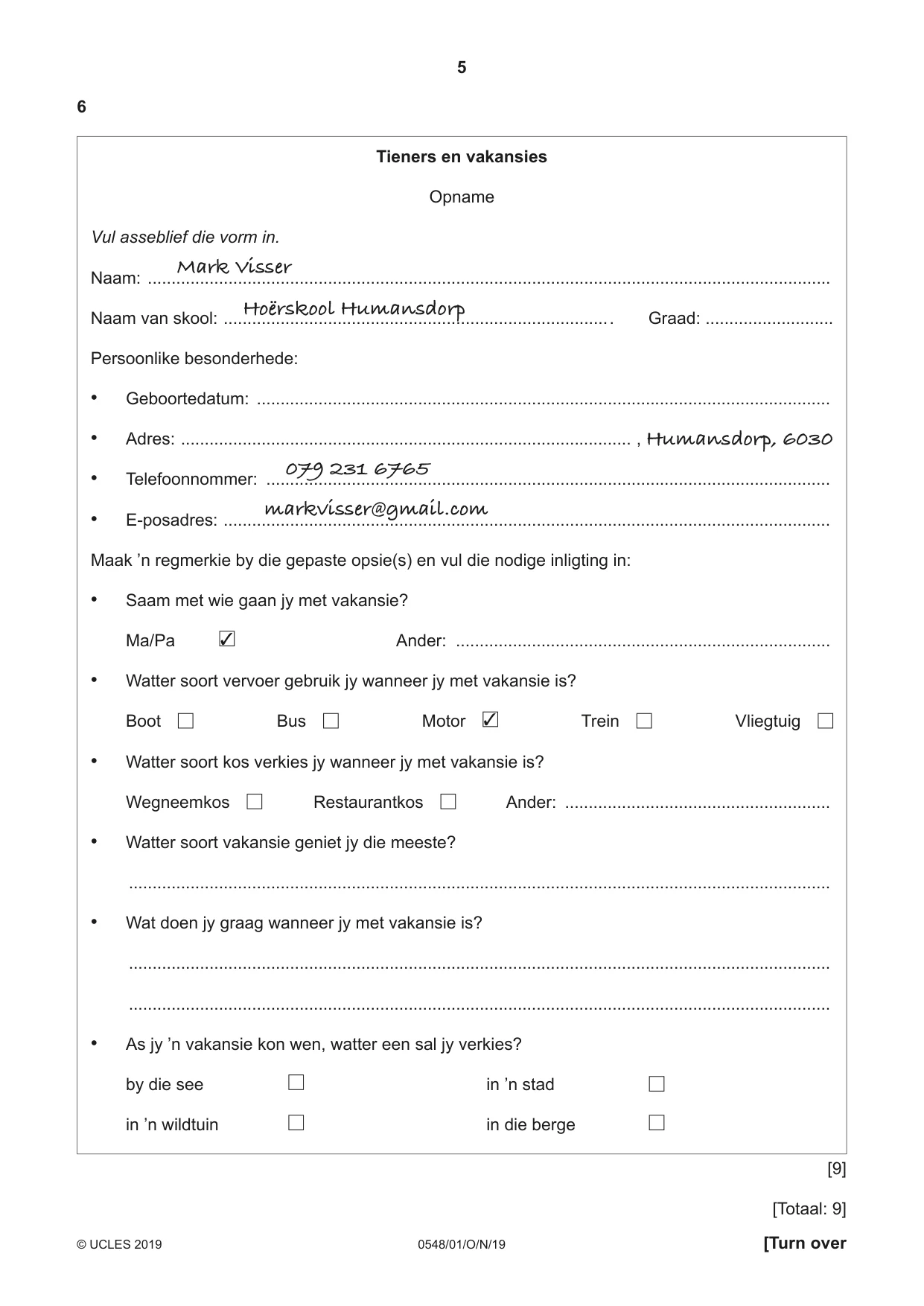 Cambridge IGCSE Afrikaans - Second Language 0548 2019 Oct/Nov Paper 1 · Variant 1 question paper, page 5 of 20