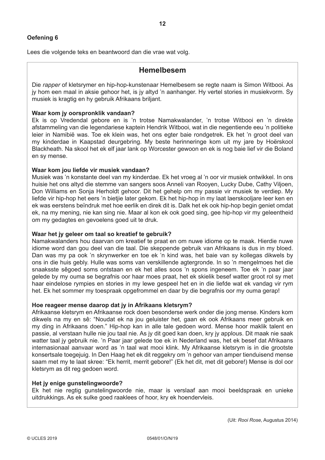 Cambridge IGCSE Afrikaans - Second Language 0548 2019 Oct/Nov Paper 1 · Variant 1 question paper, page 12 of 20