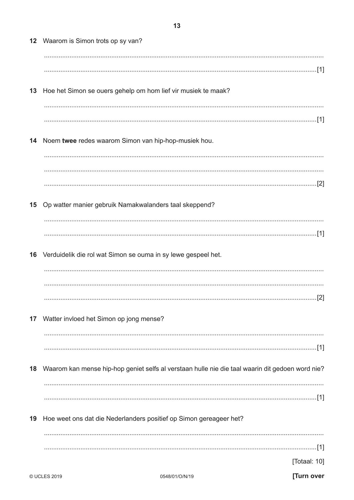 Cambridge IGCSE Afrikaans - Second Language 0548 2019 Oct/Nov Paper 1 · Variant 1 question paper, page 13 of 20