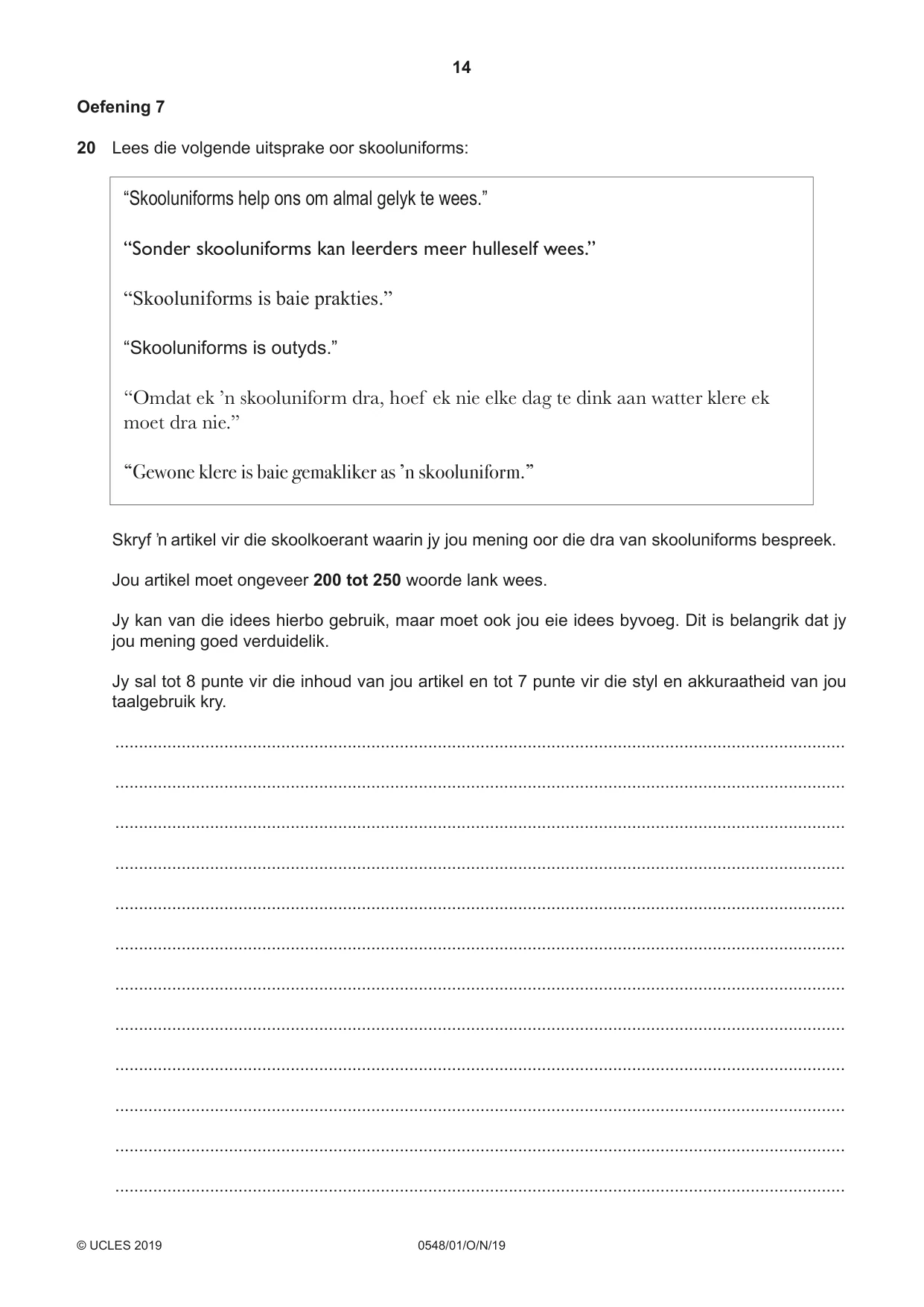 Cambridge IGCSE Afrikaans - Second Language 0548 2019 Oct/Nov Paper 1 · Variant 1 question paper, page 14 of 20