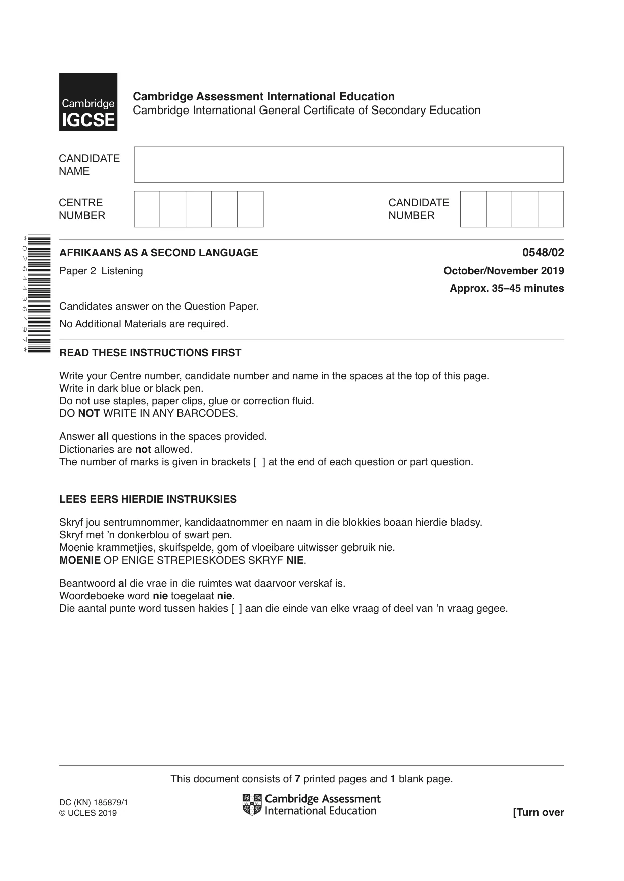 Cambridge IGCSE Afrikaans - Second Language 0548 2019 Oct/Nov Paper 2 · Variant 1 question paper, page 1 of 8