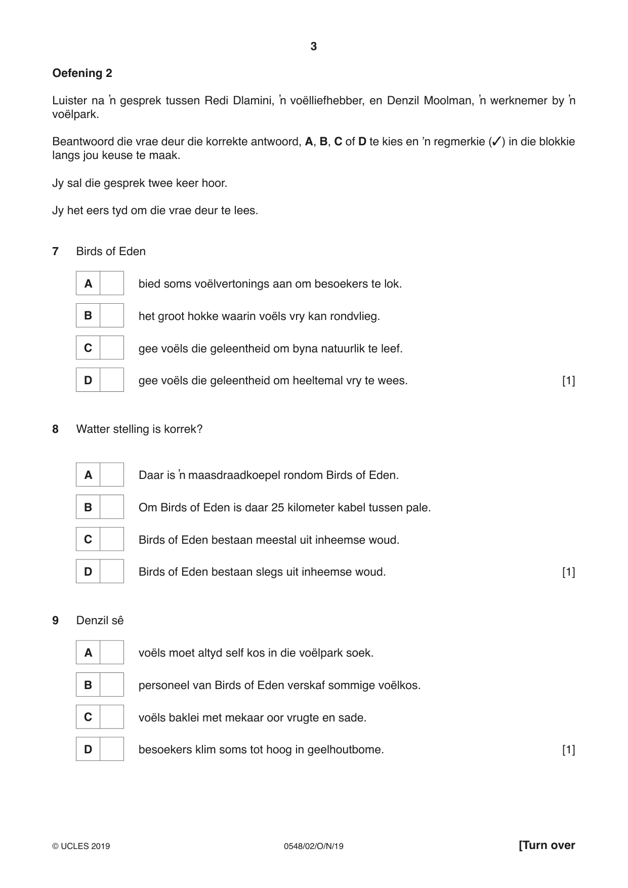 Cambridge IGCSE Afrikaans - Second Language 0548 2019 Oct/Nov Paper 2 · Variant 1 question paper, page 3 of 8