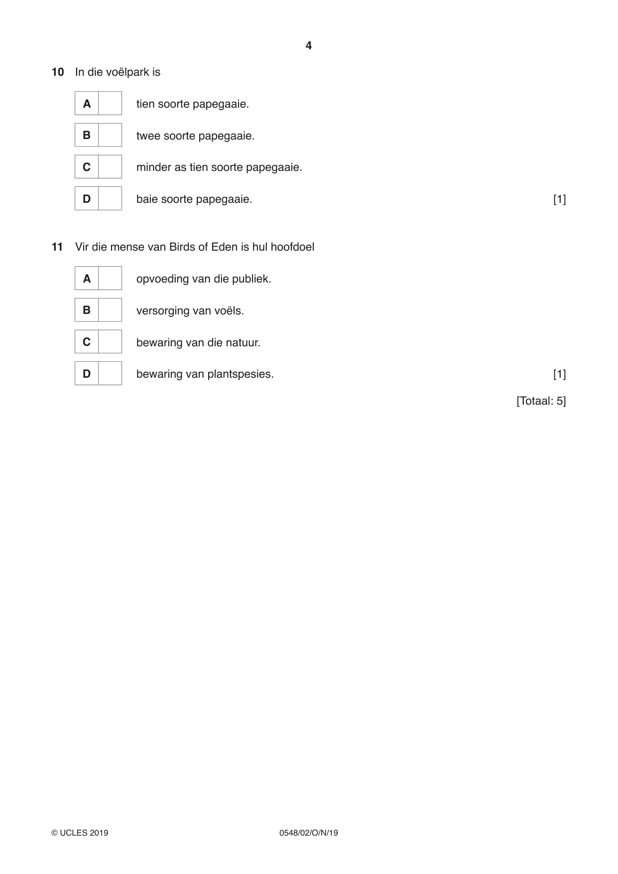 Cambridge IGCSE Afrikaans - Second Language 0548 2019 Oct/Nov Paper 2 · Variant 1 question paper, page 4 of 8