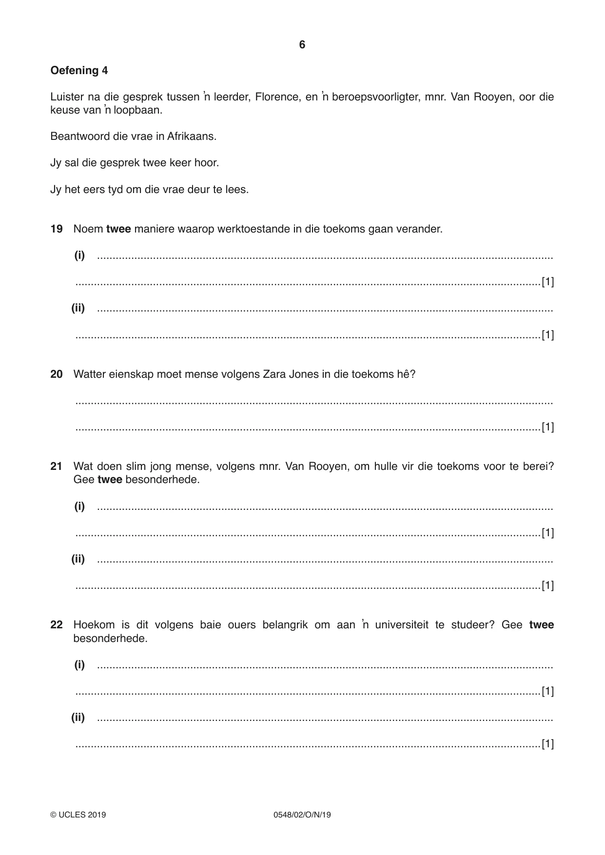 Cambridge IGCSE Afrikaans - Second Language 0548 2019 Oct/Nov Paper 2 · Variant 1 question paper, page 6 of 8