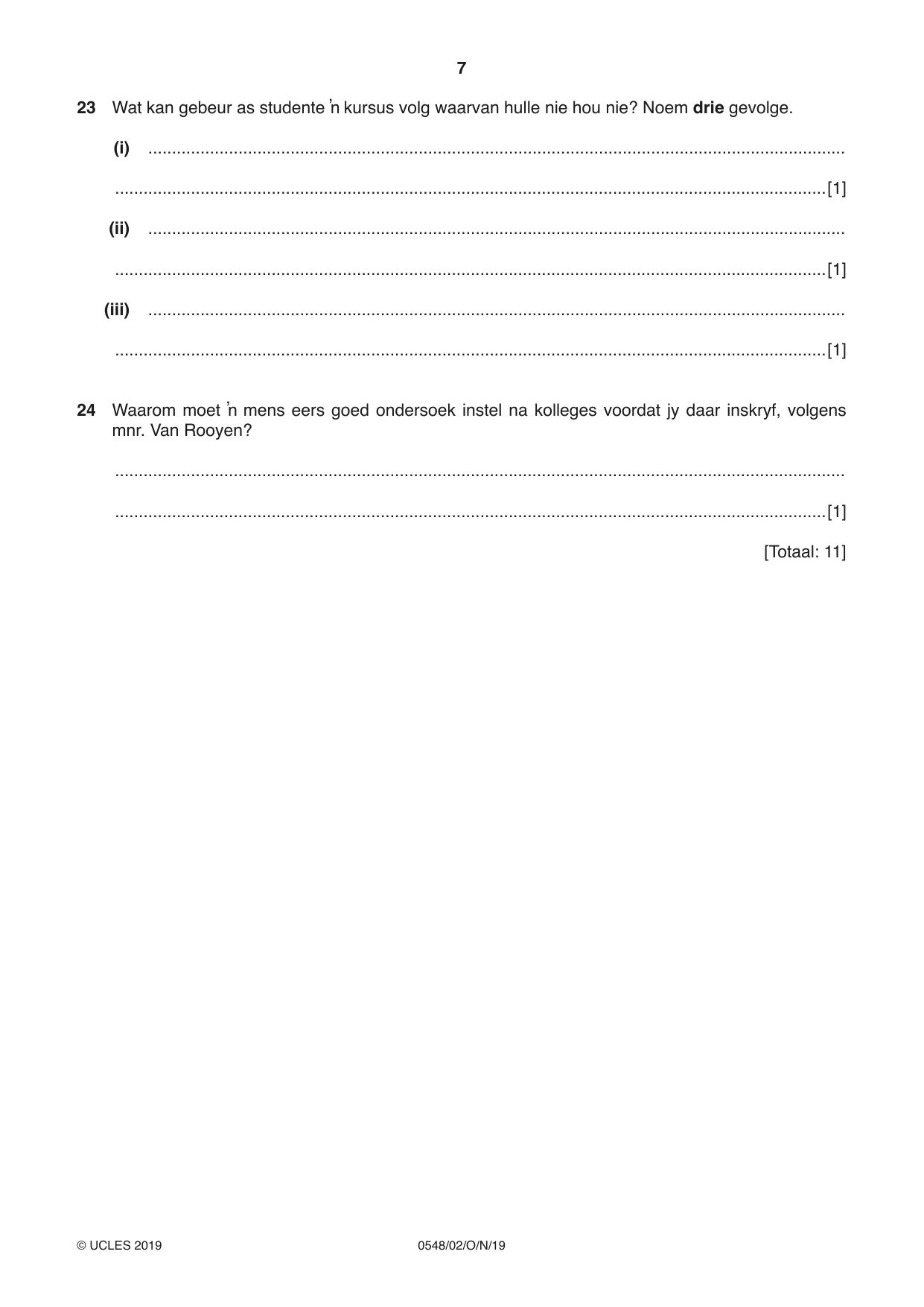 Cambridge IGCSE Afrikaans - Second Language 0548 2019 Oct/Nov Paper 2 · Variant 1 question paper, page 7 of 8