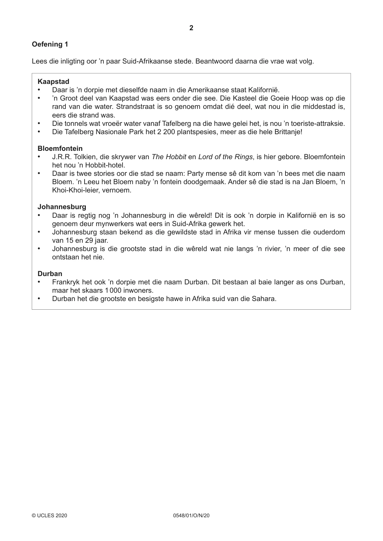Cambridge IGCSE Afrikaans - Second Language 0548 2020 Oct/Nov Paper 1 · Variant 0 question paper, page 2 of 20