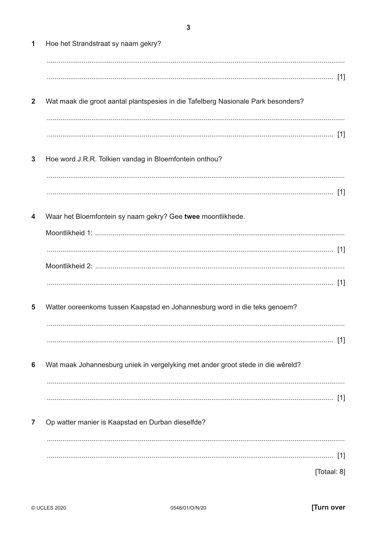Cambridge IGCSE Afrikaans - Second Language 0548 2020 Oct/Nov Paper 1 · Variant 0 question paper, page 3 of 20