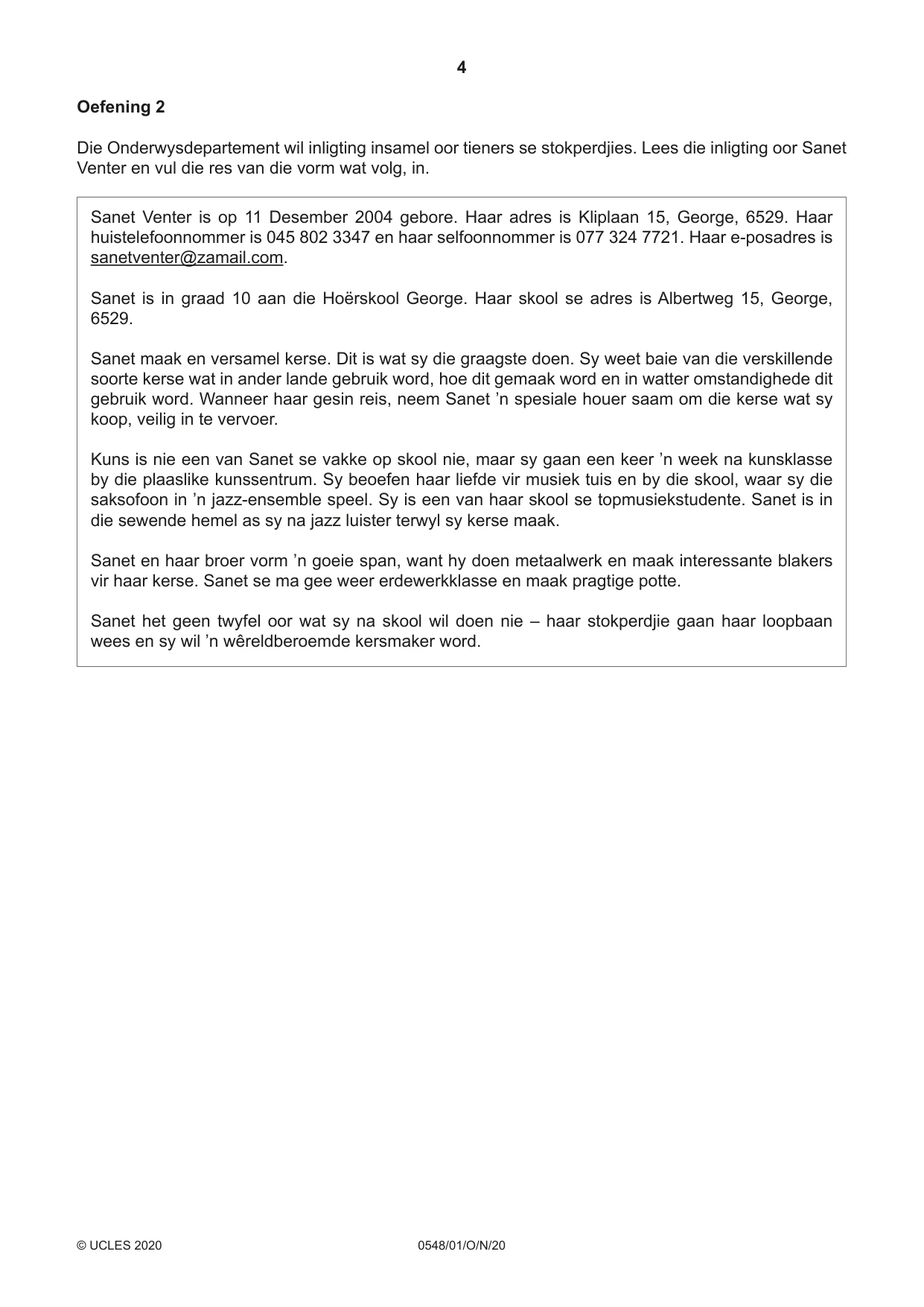 Cambridge IGCSE Afrikaans - Second Language 0548 2020 Oct/Nov Paper 1 · Variant 0 question paper, page 4 of 20