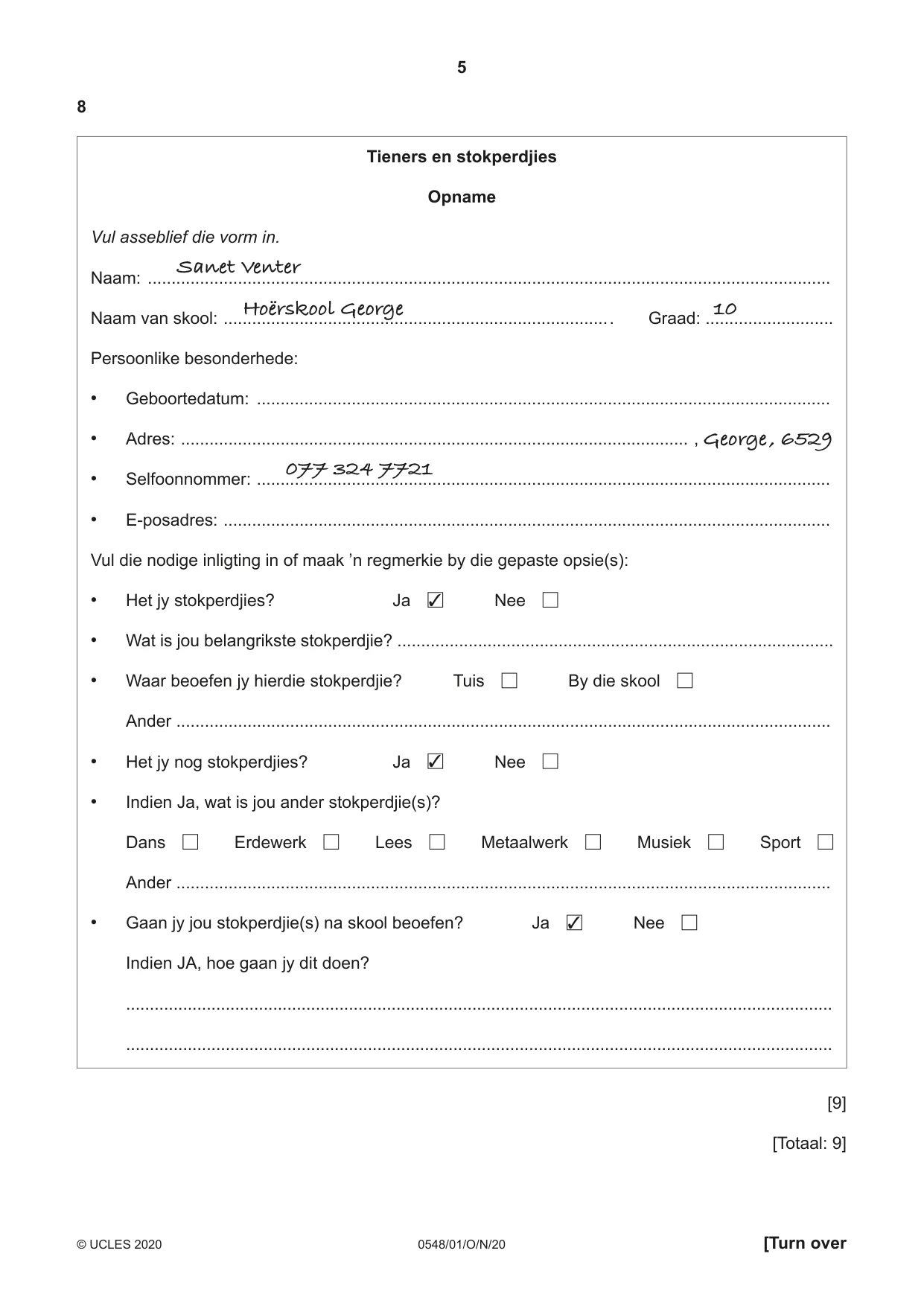 Cambridge IGCSE Afrikaans - Second Language 0548 2020 Oct/Nov Paper 1 · Variant 0 question paper, page 5 of 20
