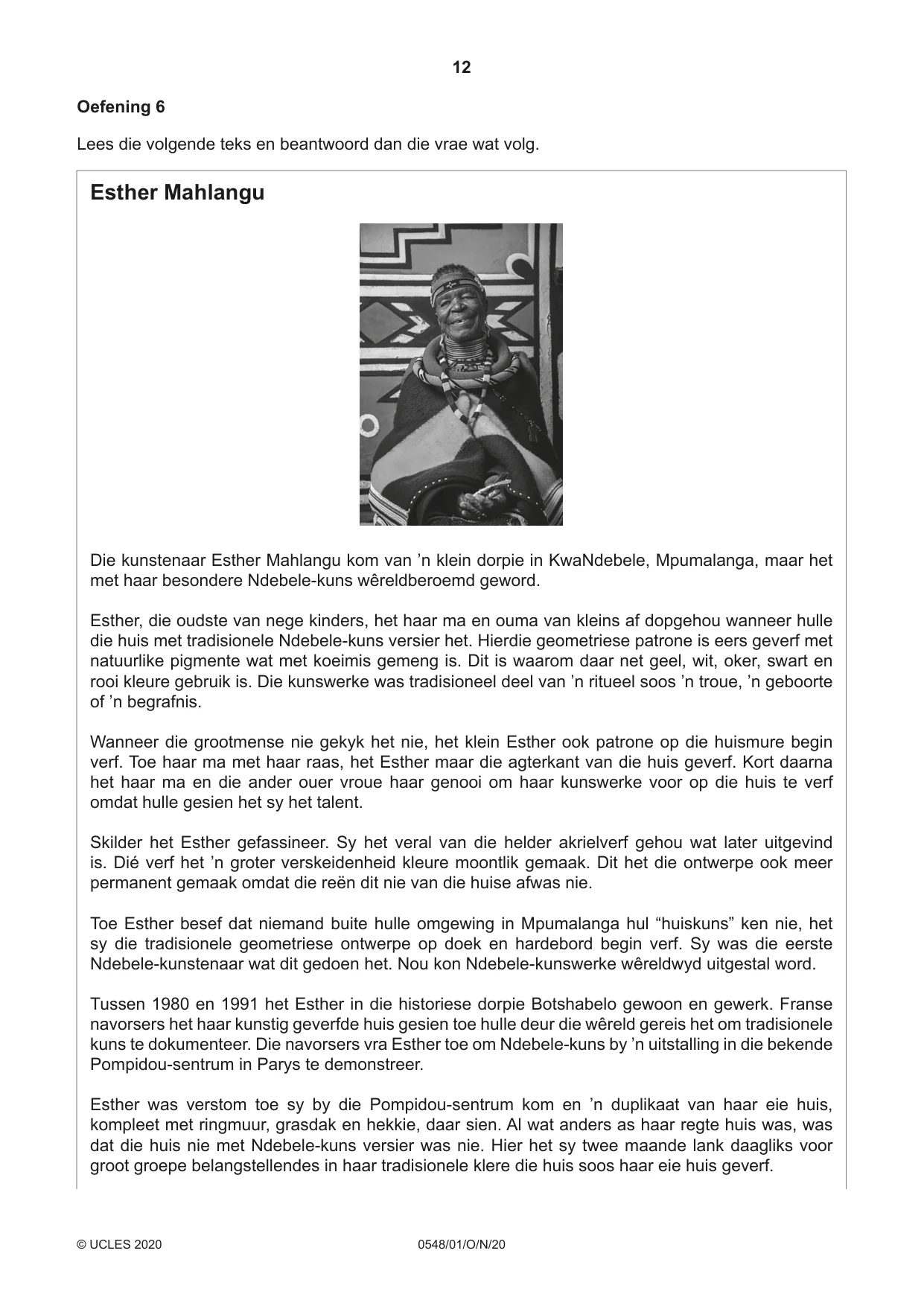 Cambridge IGCSE Afrikaans - Second Language 0548 2020 Oct/Nov Paper 1 · Variant 0 question paper, page 12 of 20