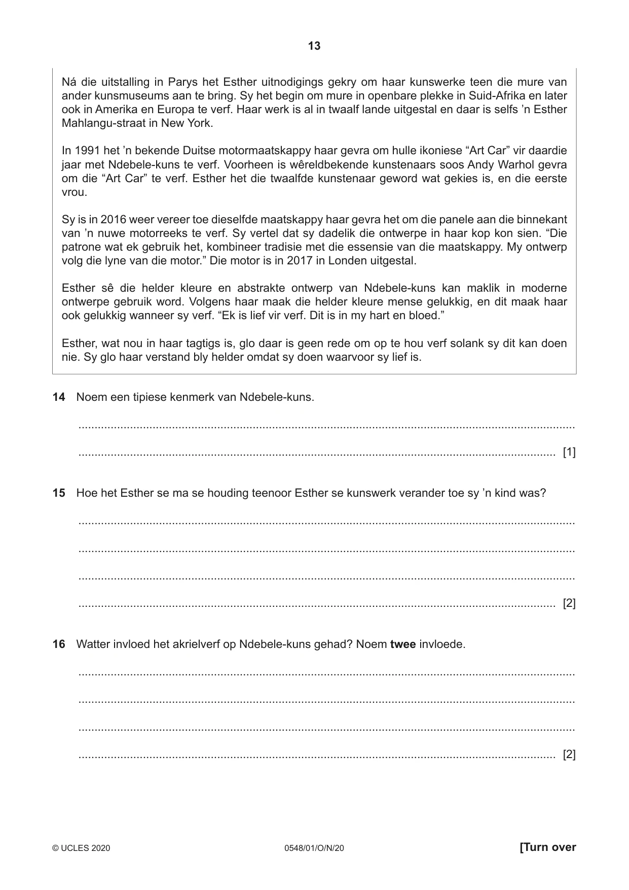 Cambridge IGCSE Afrikaans - Second Language 0548 2020 Oct/Nov Paper 1 · Variant 0 question paper, page 13 of 20