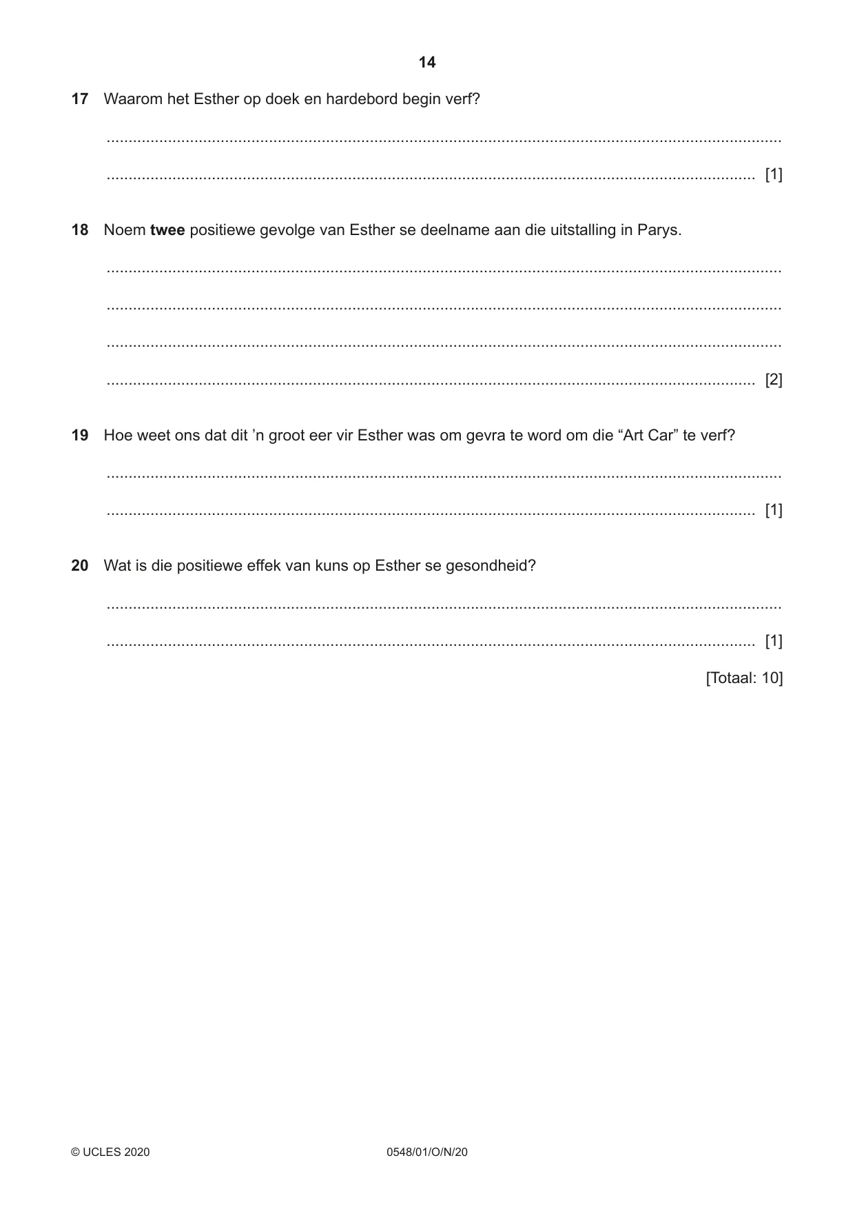 Cambridge IGCSE Afrikaans - Second Language 0548 2020 Oct/Nov Paper 1 · Variant 0 question paper, page 14 of 20