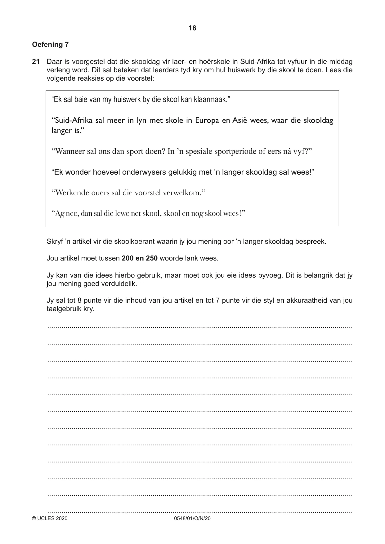 Cambridge IGCSE Afrikaans - Second Language 0548 2020 Oct/Nov Paper 1 · Variant 0 question paper, page 16 of 20
