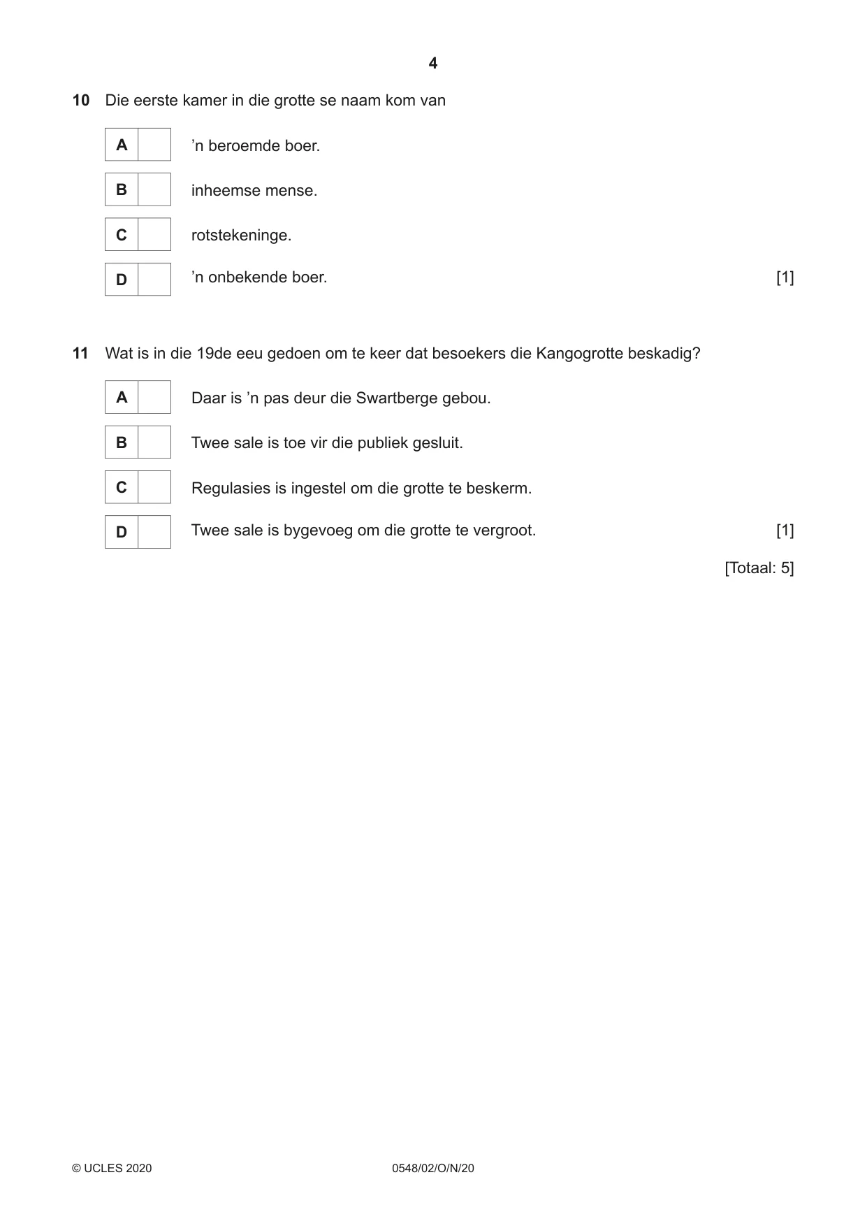Cambridge IGCSE Afrikaans - Second Language 0548 2020 Oct/Nov Paper 2 · Variant 0 question paper, page 4 of 8