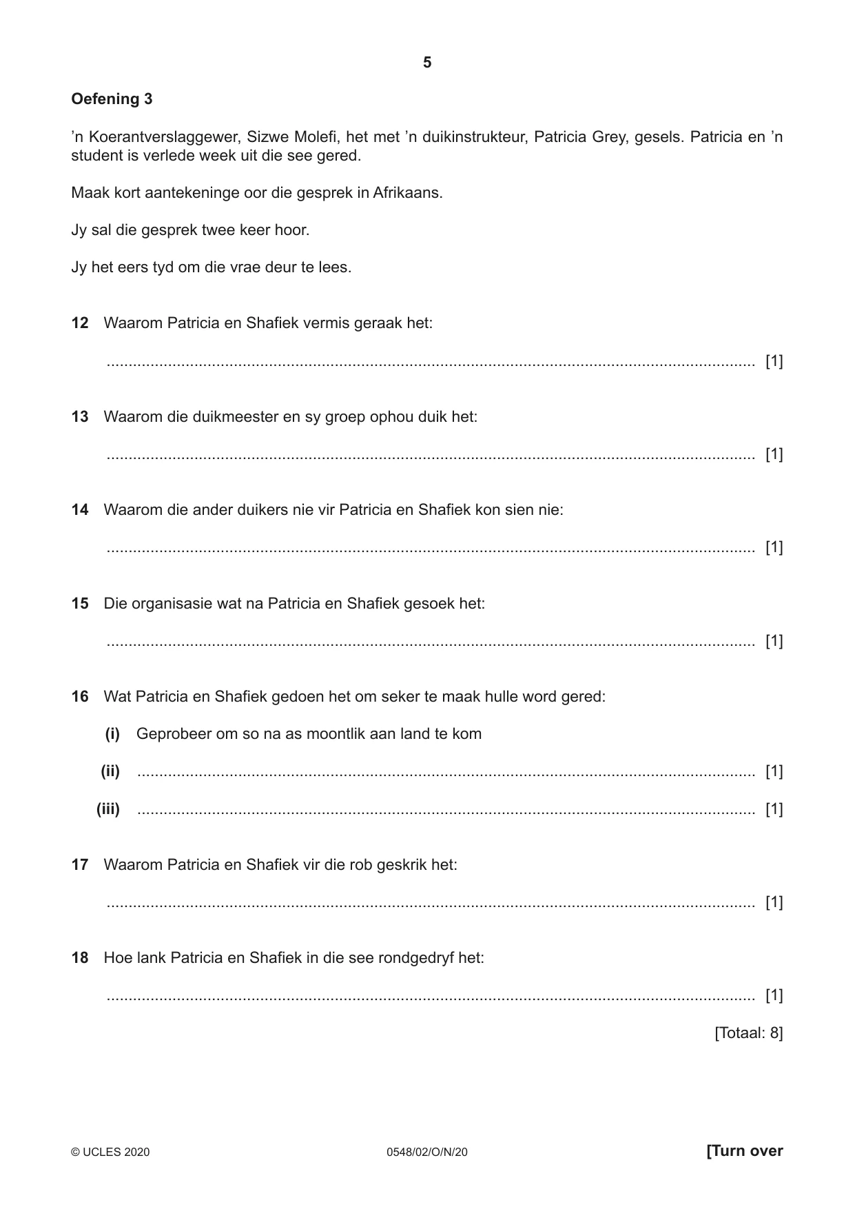 Cambridge IGCSE Afrikaans - Second Language 0548 2020 Oct/Nov Paper 2 · Variant 0 question paper, page 5 of 8