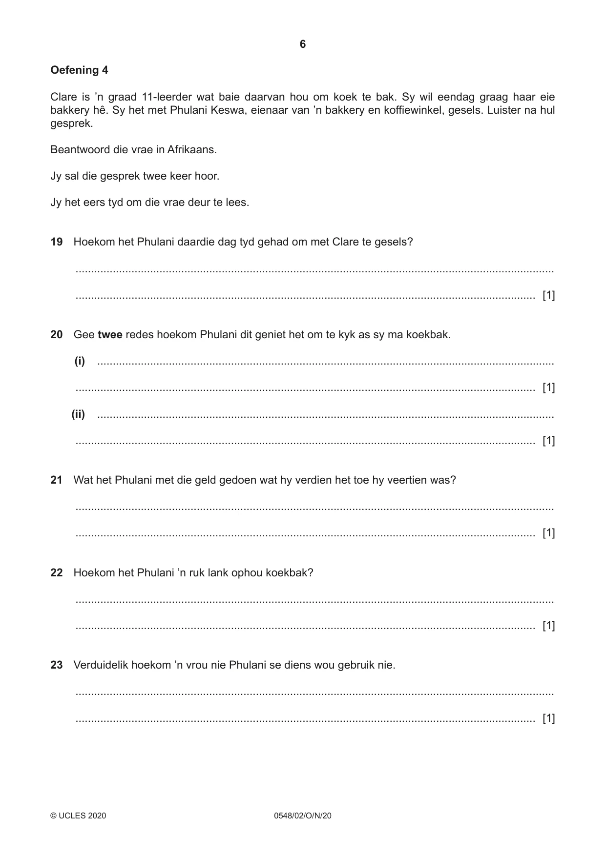 Cambridge IGCSE Afrikaans - Second Language 0548 2020 Oct/Nov Paper 2 · Variant 0 question paper, page 6 of 8