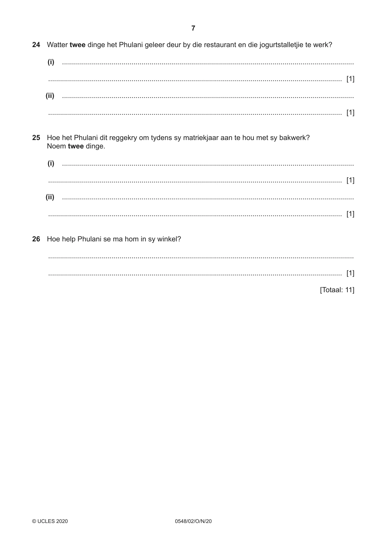Cambridge IGCSE Afrikaans - Second Language 0548 2020 Oct/Nov Paper 2 · Variant 0 question paper, page 7 of 8