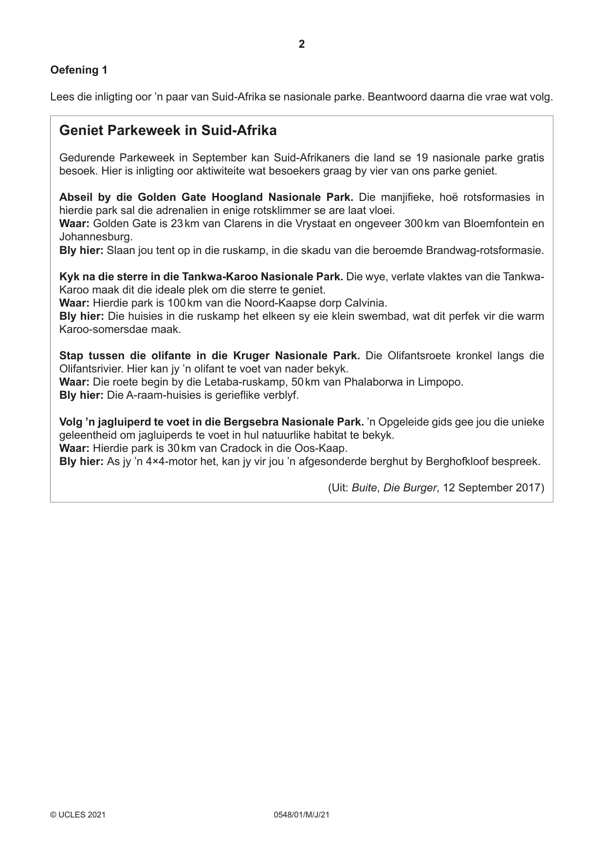 Cambridge IGCSE Afrikaans - Second Language 0548 2021 May/June Paper 1 · Variant 0 question paper, page 2 of 20