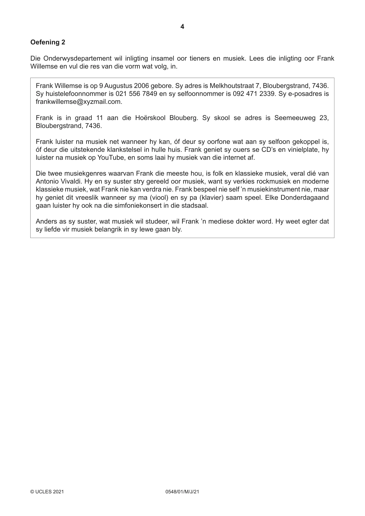 Cambridge IGCSE Afrikaans - Second Language 0548 2021 May/June Paper 1 · Variant 0 question paper, page 4 of 20