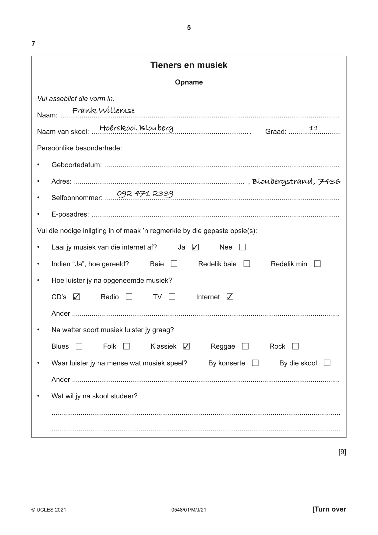 Cambridge IGCSE Afrikaans - Second Language 0548 2021 May/June Paper 1 · Variant 0 question paper, page 5 of 20