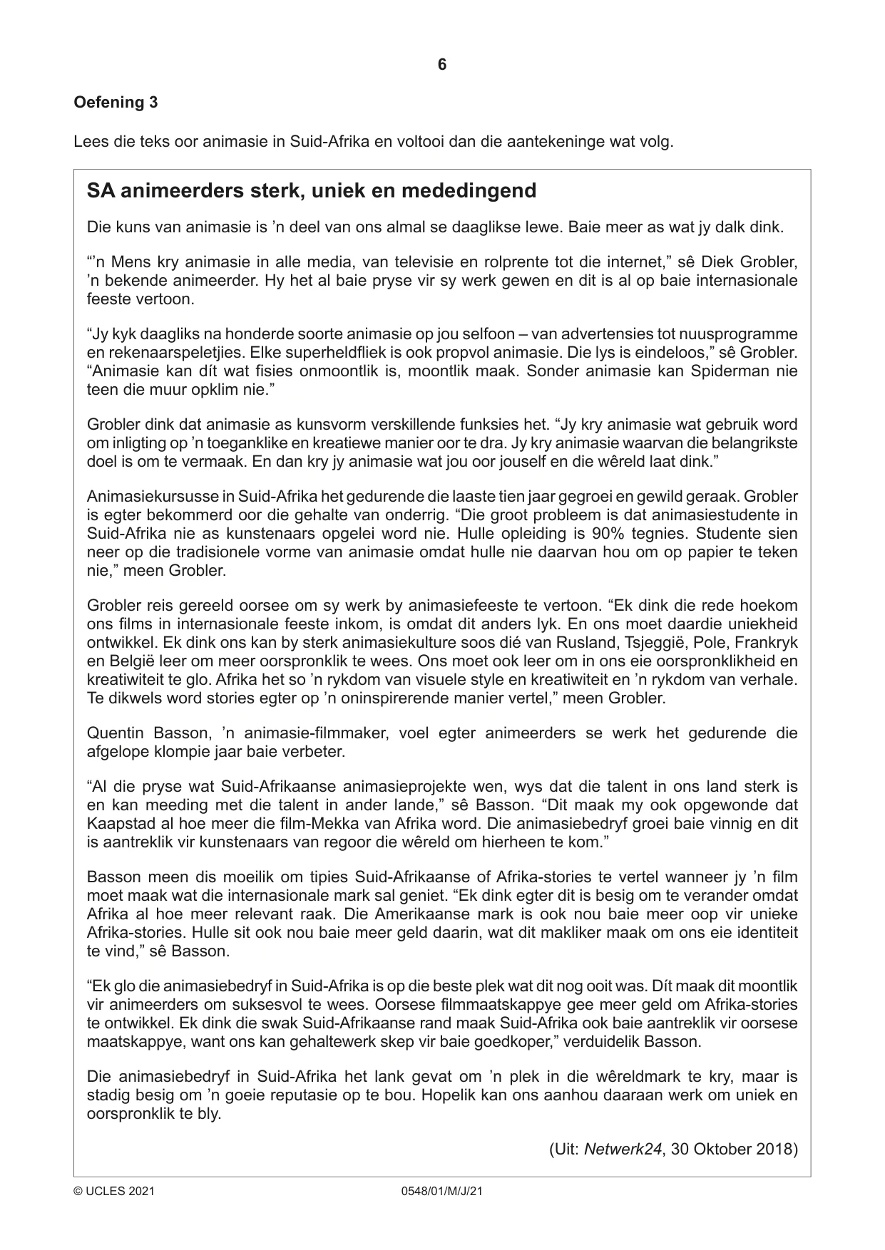 Cambridge IGCSE Afrikaans - Second Language 0548 2021 May/June Paper 1 · Variant 0 question paper, page 6 of 20