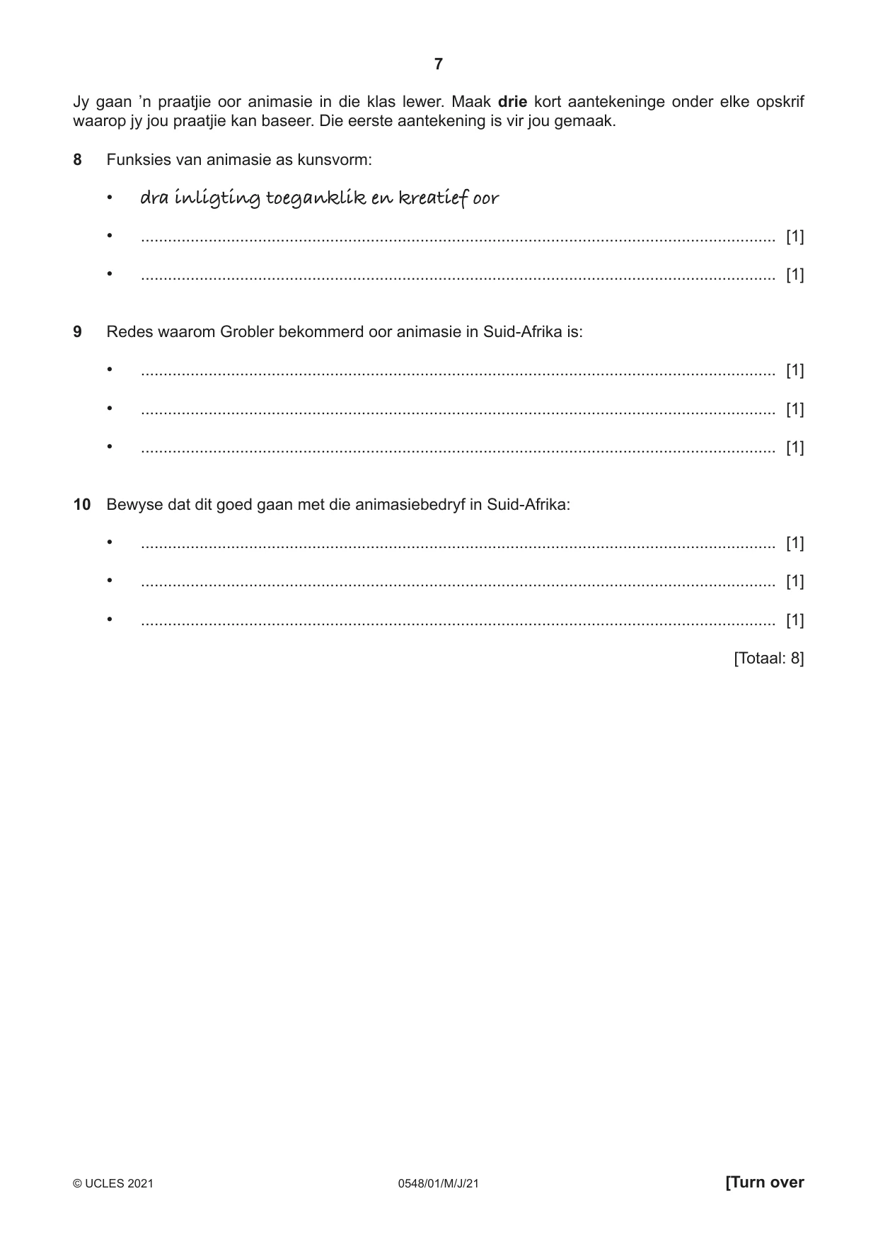 Cambridge IGCSE Afrikaans - Second Language 0548 2021 May/June Paper 1 · Variant 0 question paper, page 7 of 20