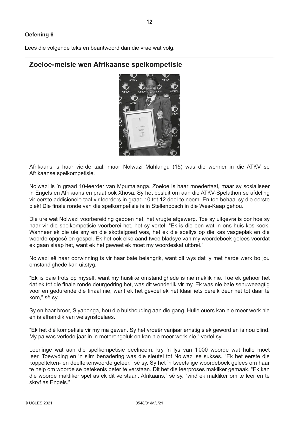 Cambridge IGCSE Afrikaans - Second Language 0548 2021 May/June Paper 1 · Variant 0 question paper, page 12 of 20