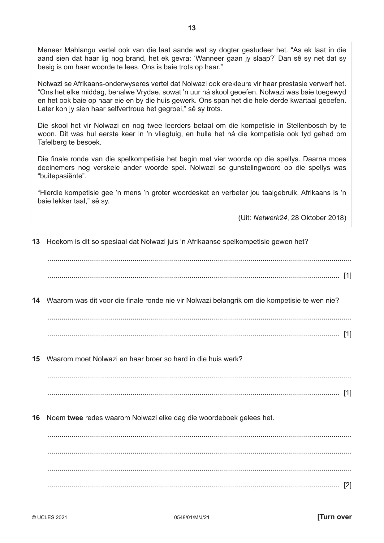 Cambridge IGCSE Afrikaans - Second Language 0548 2021 May/June Paper 1 · Variant 0 question paper, page 13 of 20