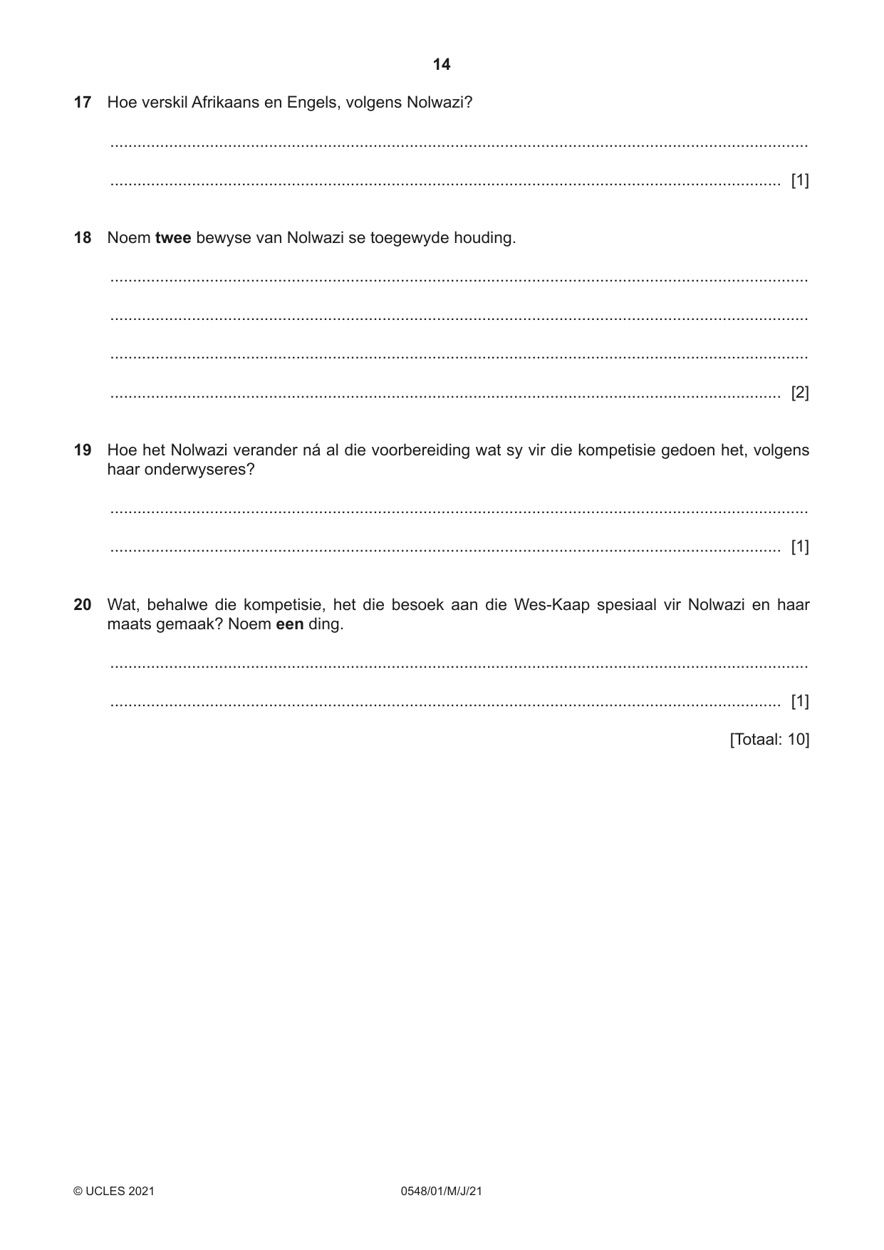 Cambridge IGCSE Afrikaans - Second Language 0548 2021 May/June Paper 1 · Variant 0 question paper, page 14 of 20