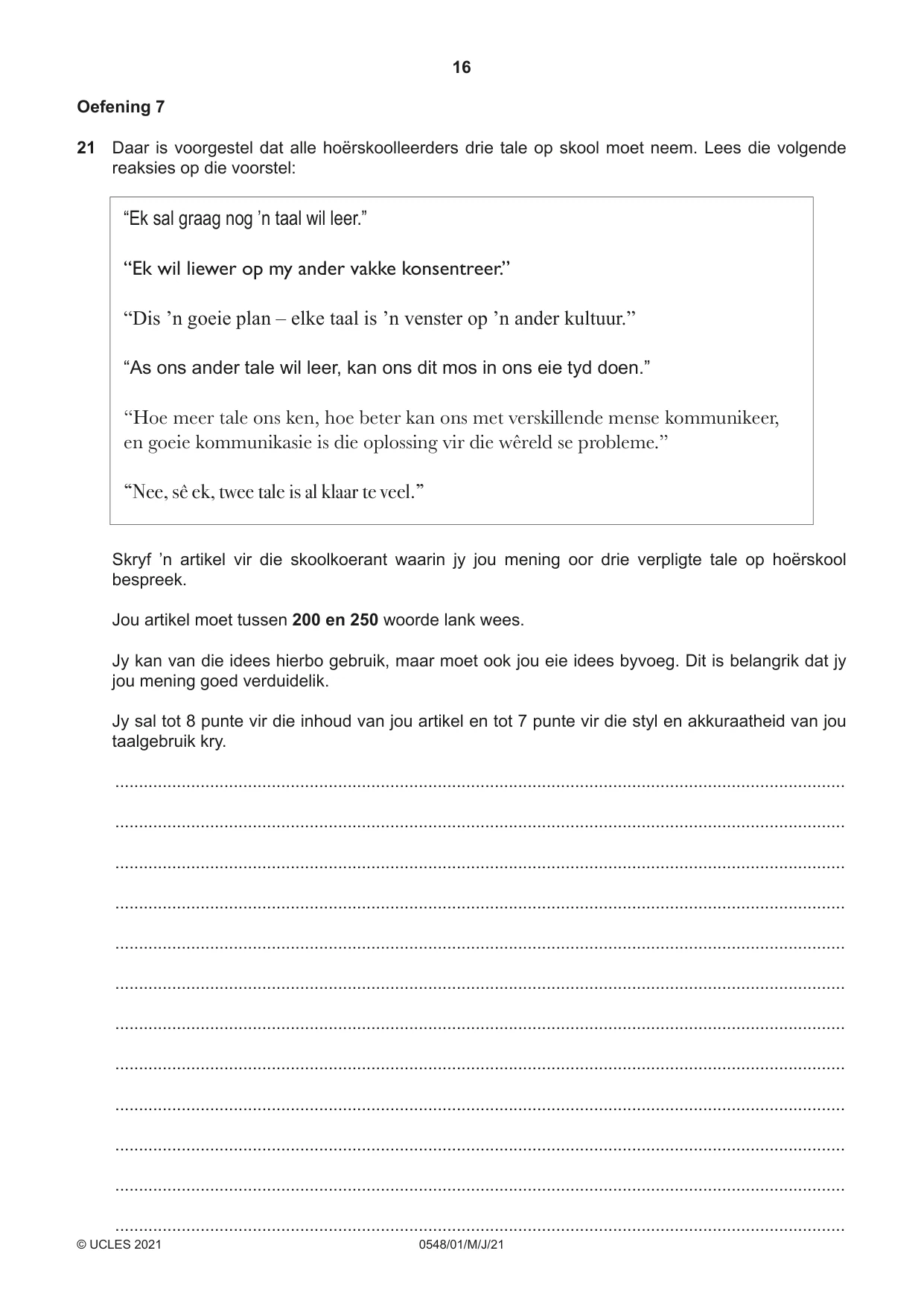 Cambridge IGCSE Afrikaans - Second Language 0548 2021 May/June Paper 1 · Variant 0 question paper, page 16 of 20