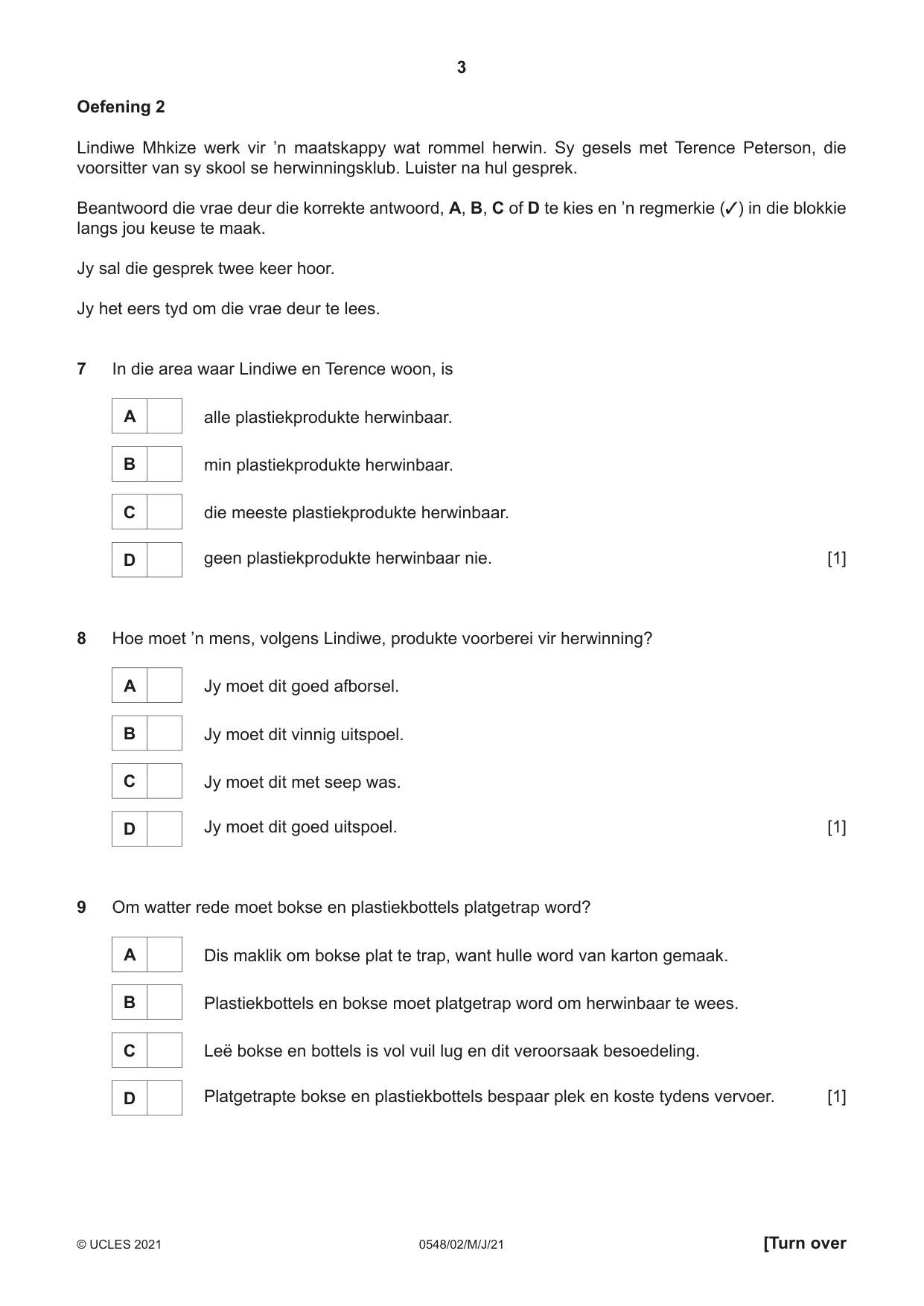 Cambridge IGCSE Afrikaans - Second Language 0548 2021 May/June Paper 2 · Variant 0 question paper, page 3 of 8