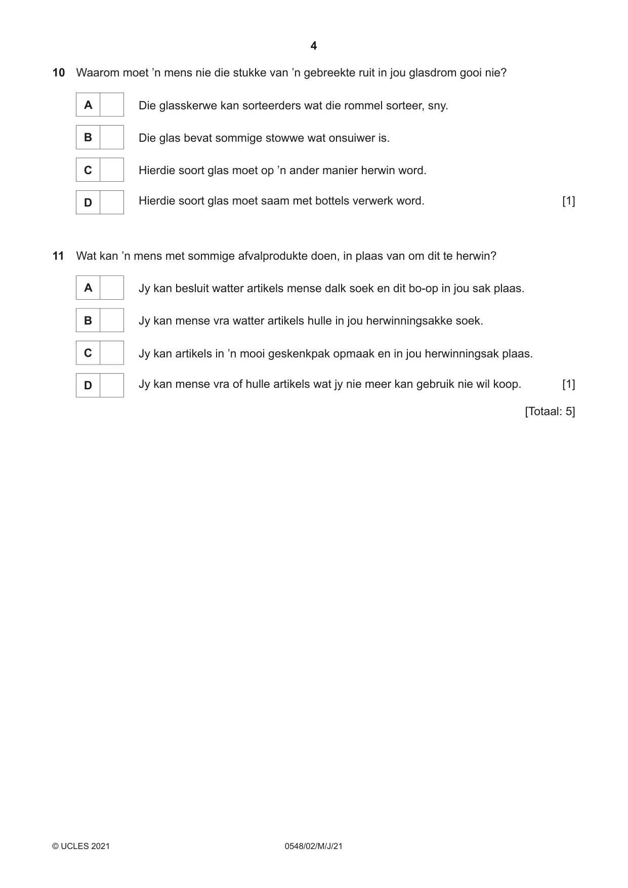 Cambridge IGCSE Afrikaans - Second Language 0548 2021 May/June Paper 2 · Variant 0 question paper, page 4 of 8