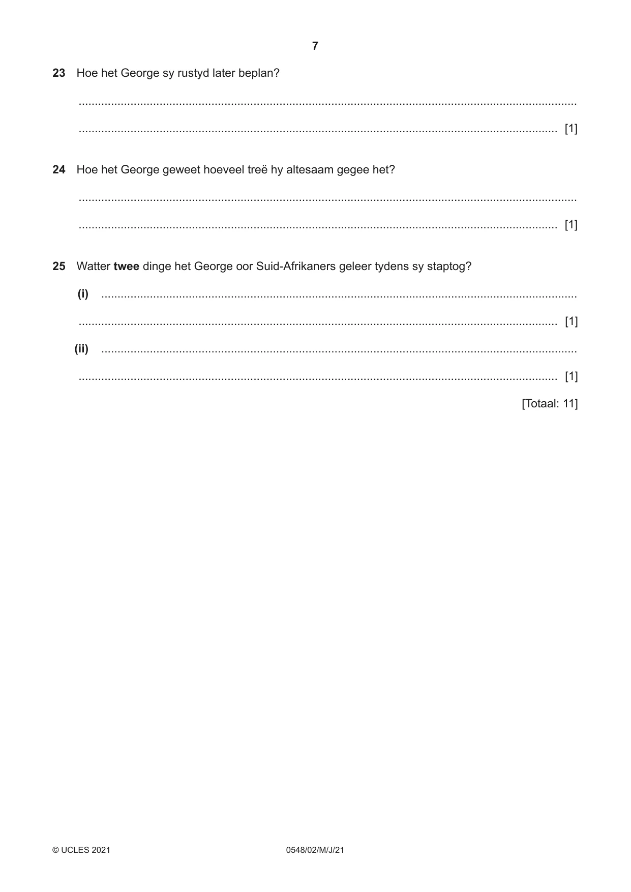 Cambridge IGCSE Afrikaans - Second Language 0548 2021 May/June Paper 2 · Variant 0 question paper, page 7 of 8