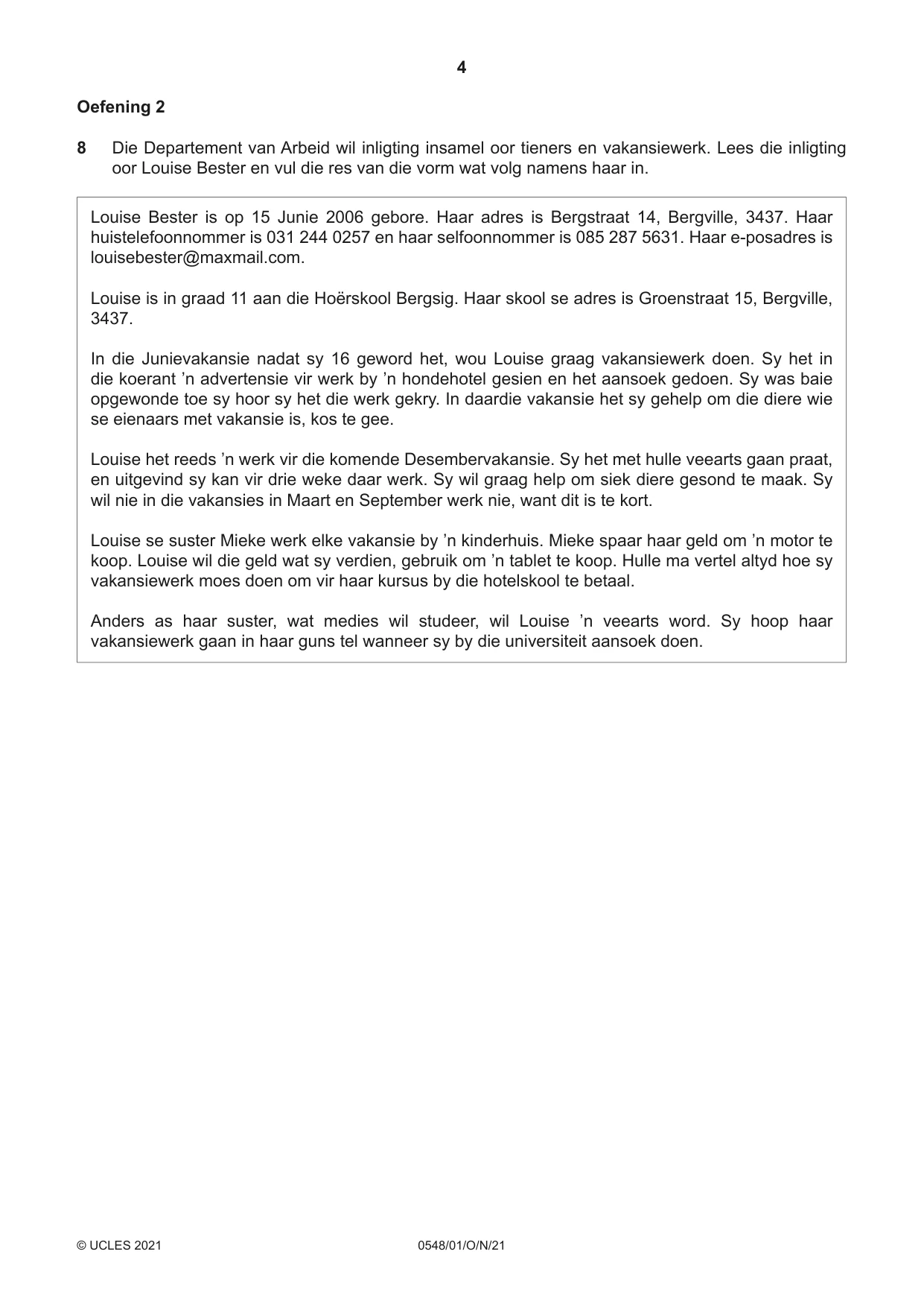 Cambridge IGCSE Afrikaans - Second Language 0548 2021 Oct/Nov Paper 1 · Variant 0 question paper, page 4 of 20