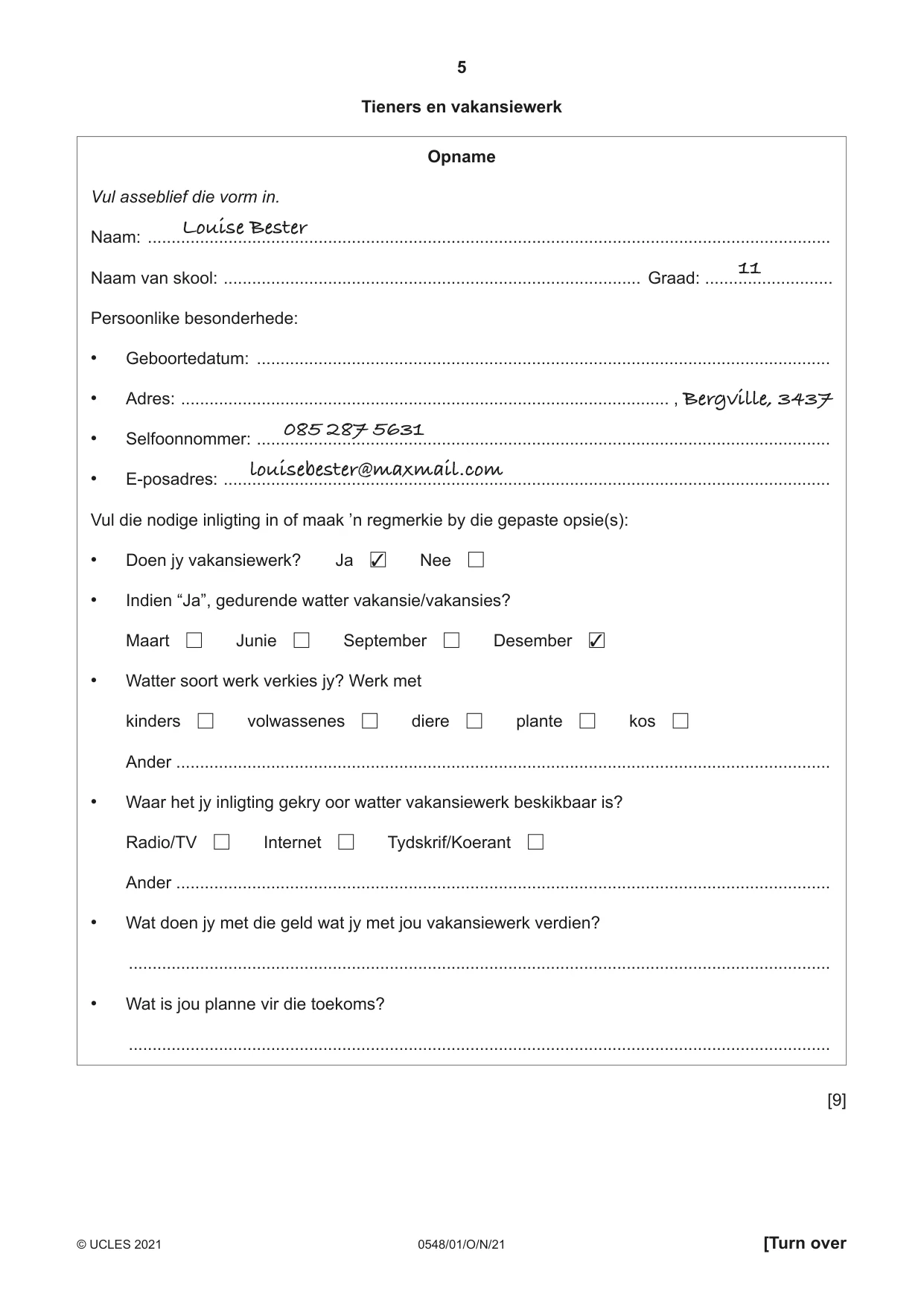 Cambridge IGCSE Afrikaans - Second Language 0548 2021 Oct/Nov Paper 1 · Variant 0 question paper, page 5 of 20