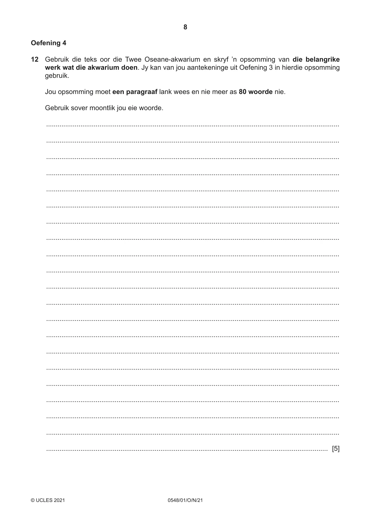 Cambridge IGCSE Afrikaans - Second Language 0548 2021 Oct/Nov Paper 1 · Variant 0 question paper, page 8 of 20