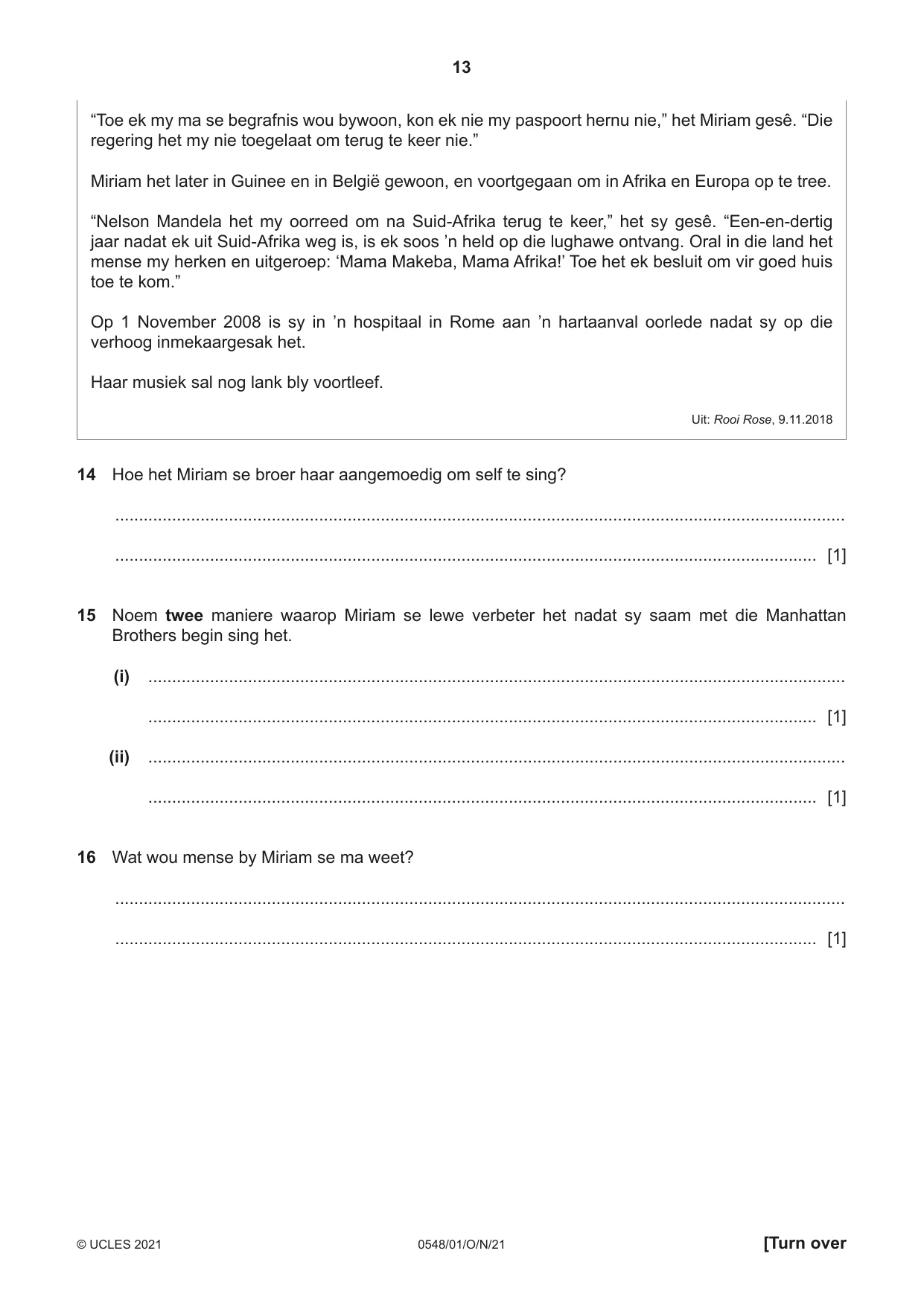 Cambridge IGCSE Afrikaans - Second Language 0548 2021 Oct/Nov Paper 1 · Variant 0 question paper, page 13 of 20