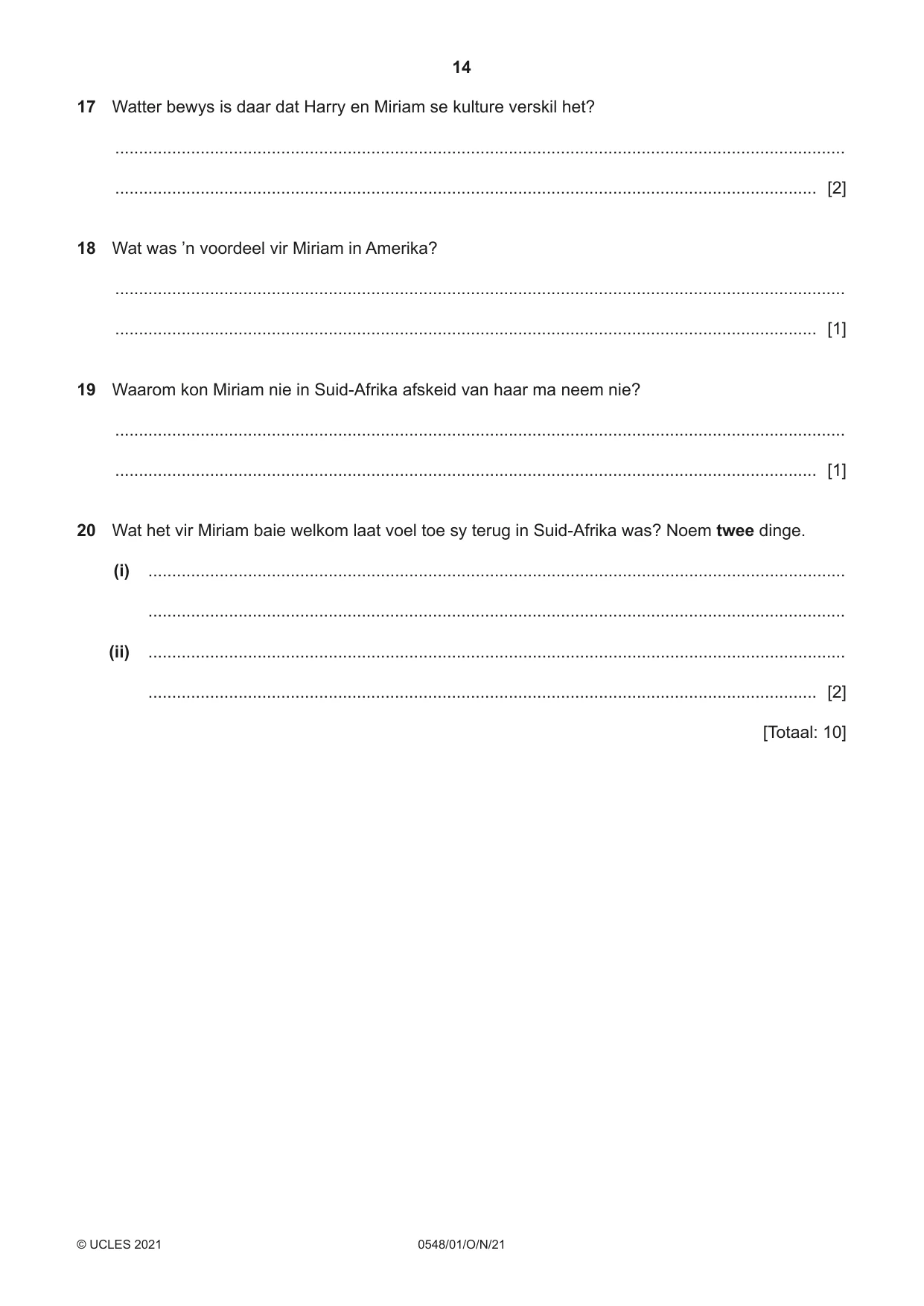 Cambridge IGCSE Afrikaans - Second Language 0548 2021 Oct/Nov Paper 1 · Variant 0 question paper, page 14 of 20