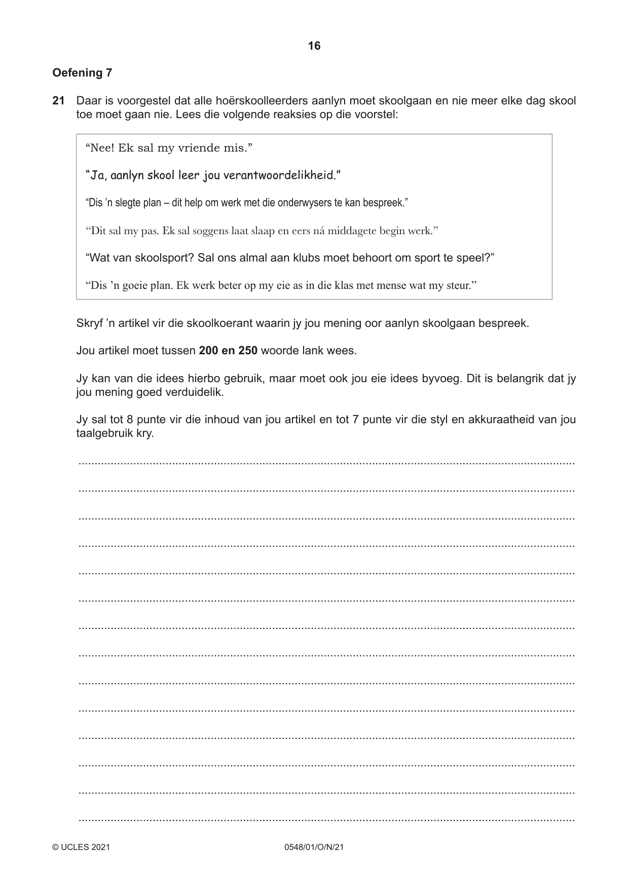 Cambridge IGCSE Afrikaans - Second Language 0548 2021 Oct/Nov Paper 1 · Variant 0 question paper, page 16 of 20