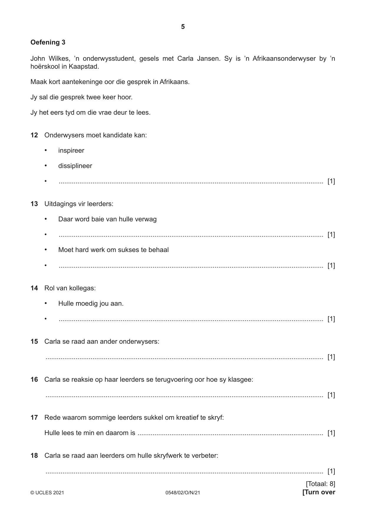 Cambridge IGCSE Afrikaans - Second Language 0548 2021 Oct/Nov Paper 2 · Variant 0 question paper, page 5 of 8