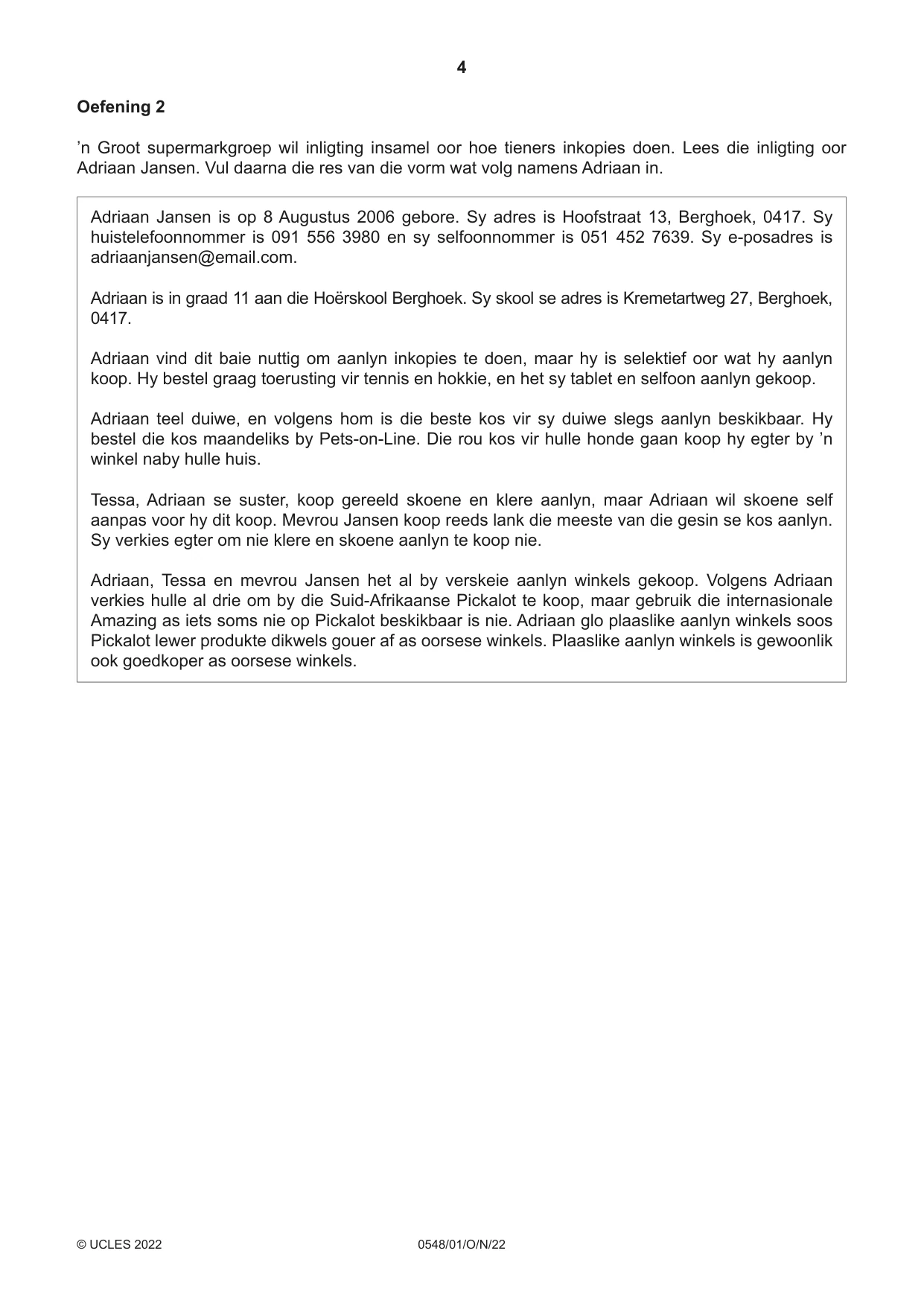 Cambridge IGCSE Afrikaans - Second Language 0548 2022 Oct/Nov Paper 1 · Variant 0 question paper, page 4 of 20