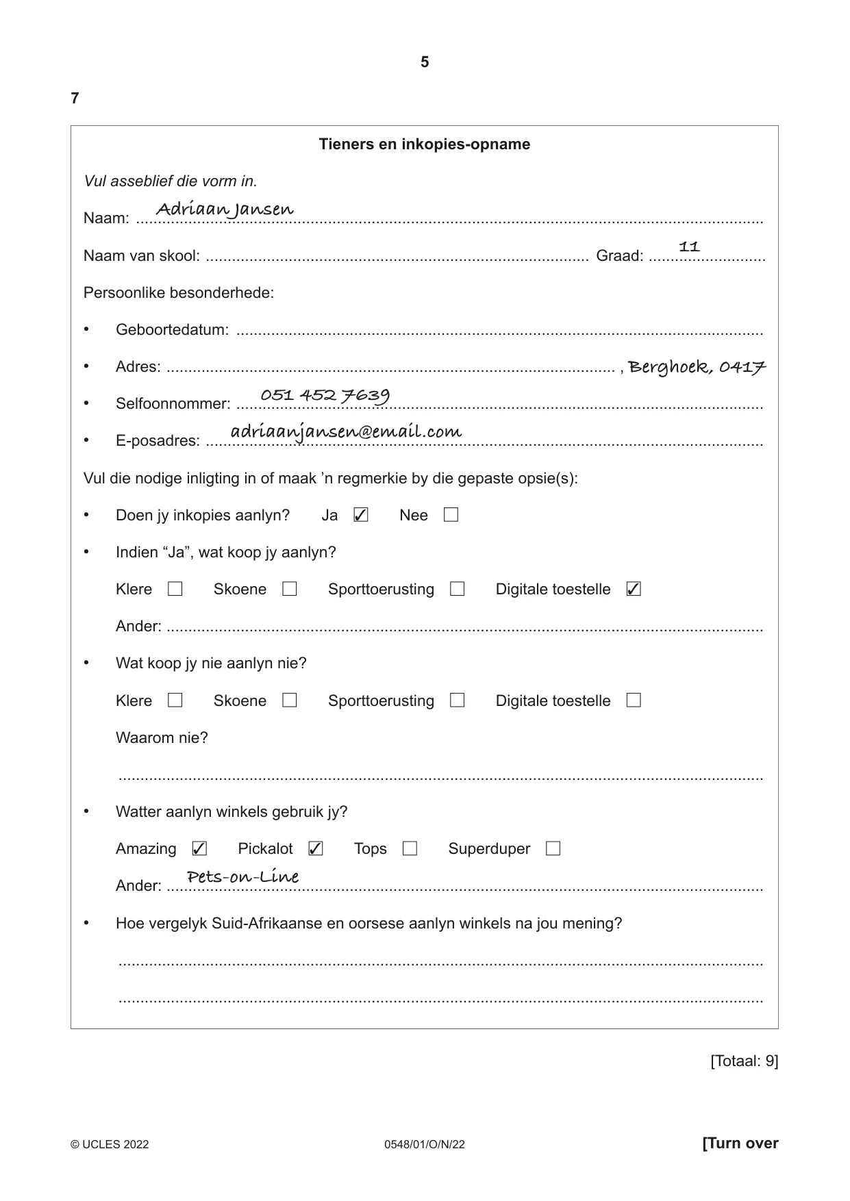 Cambridge IGCSE Afrikaans - Second Language 0548 2022 Oct/Nov Paper 1 · Variant 0 question paper, page 5 of 20