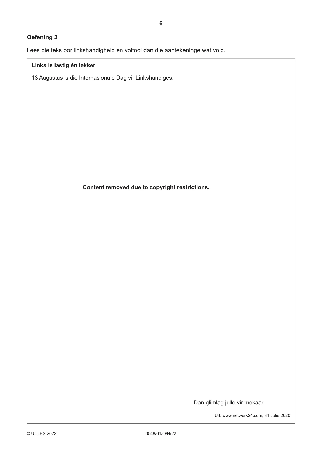 Cambridge IGCSE Afrikaans - Second Language 0548 2022 Oct/Nov Paper 1 · Variant 0 question paper, page 6 of 20