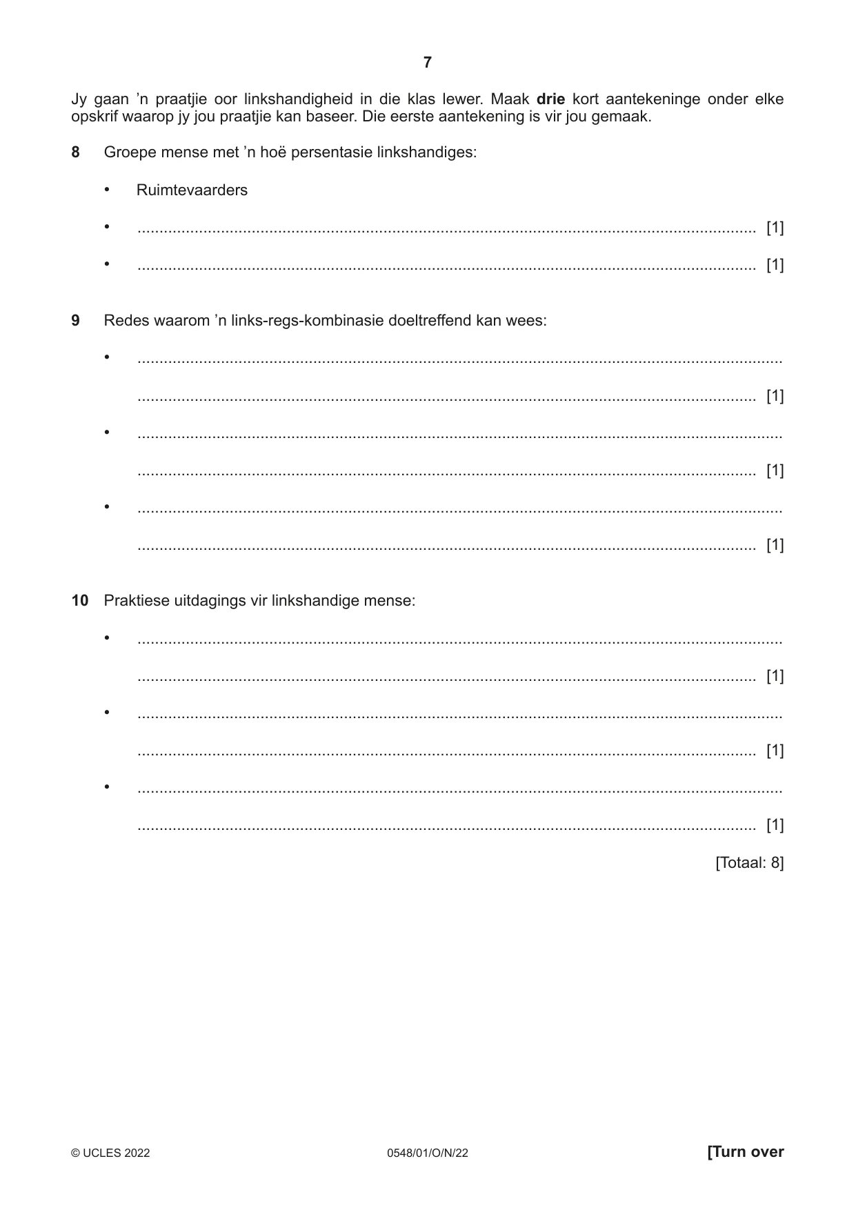 Cambridge IGCSE Afrikaans - Second Language 0548 2022 Oct/Nov Paper 1 · Variant 0 question paper, page 7 of 20